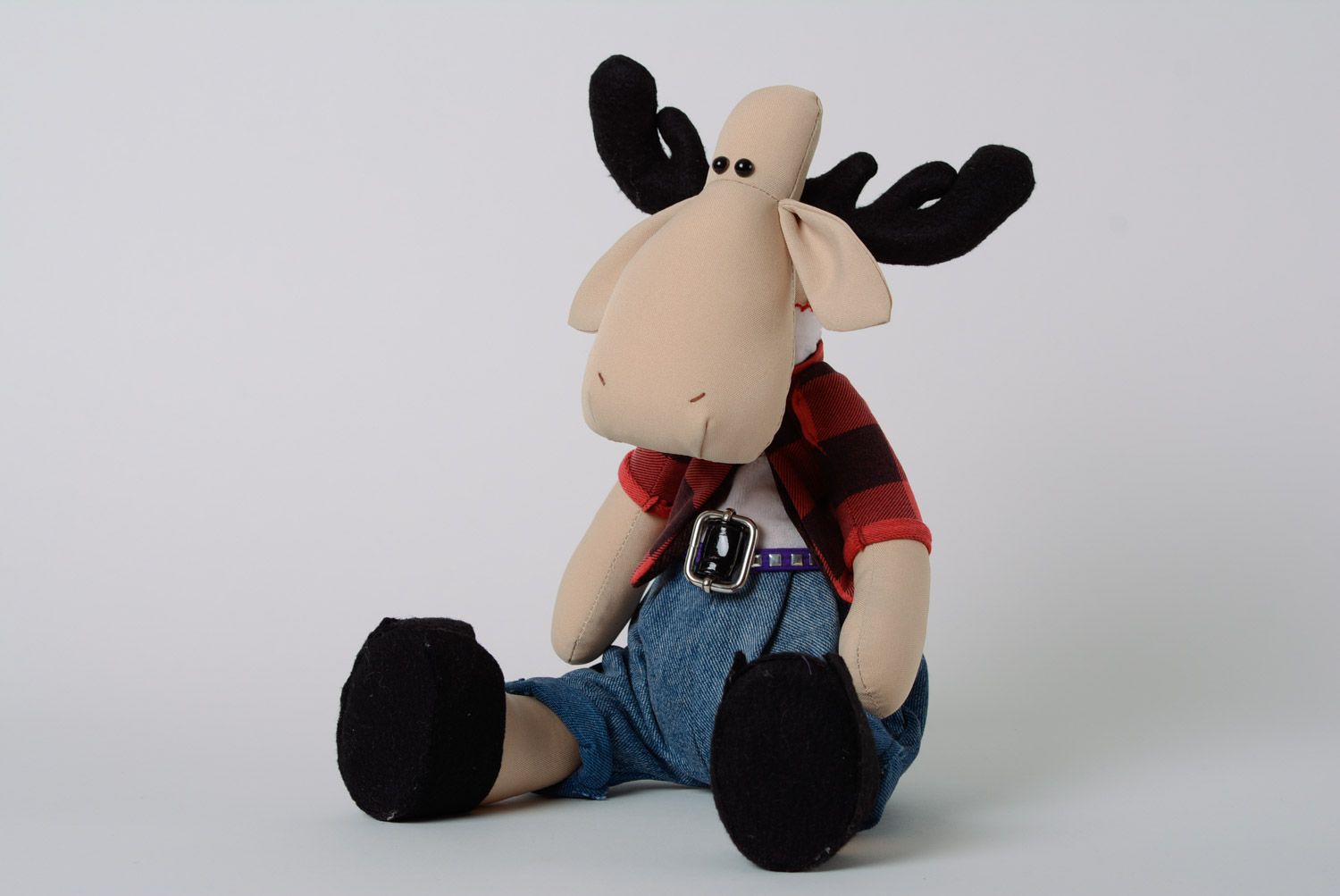 Homemade designer soft toy elk in jeans and checkered shirt photo 5