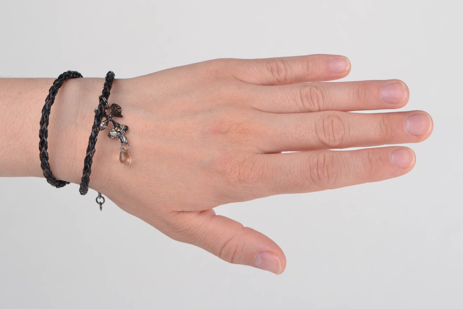 Handmade genuine leather woven double wrap wrist bracelet transformer with charm photo 2