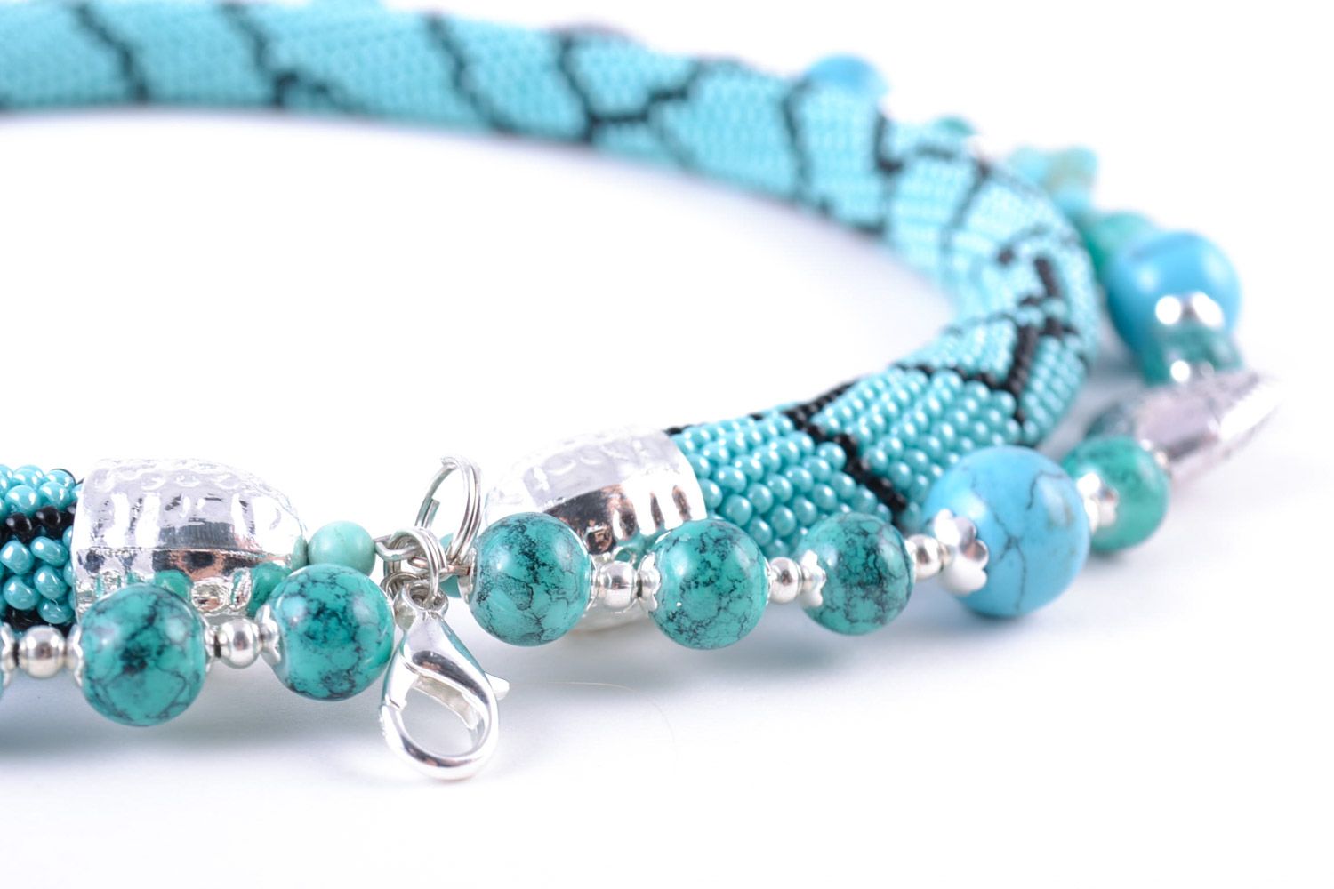 Beautiful handmade women's woven beaded cord necklace with turquoise stone photo 5