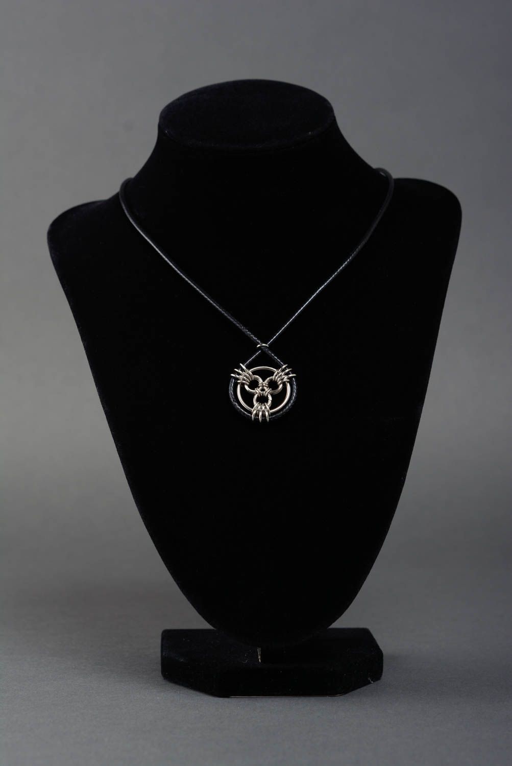 Unusual woven handmade designer black metal neck pendant on cord chainmail photo 2
