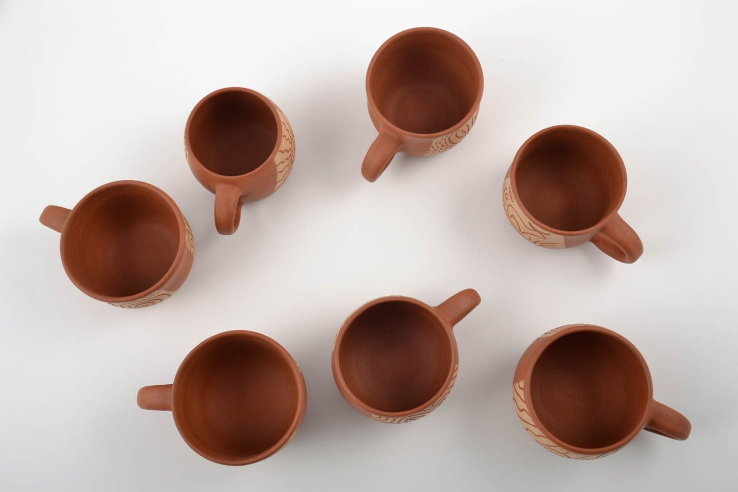 Set of 7 seven clay terracotta color coffee 3, 5, 8 oz cups with mineral engobe pattern photo 3