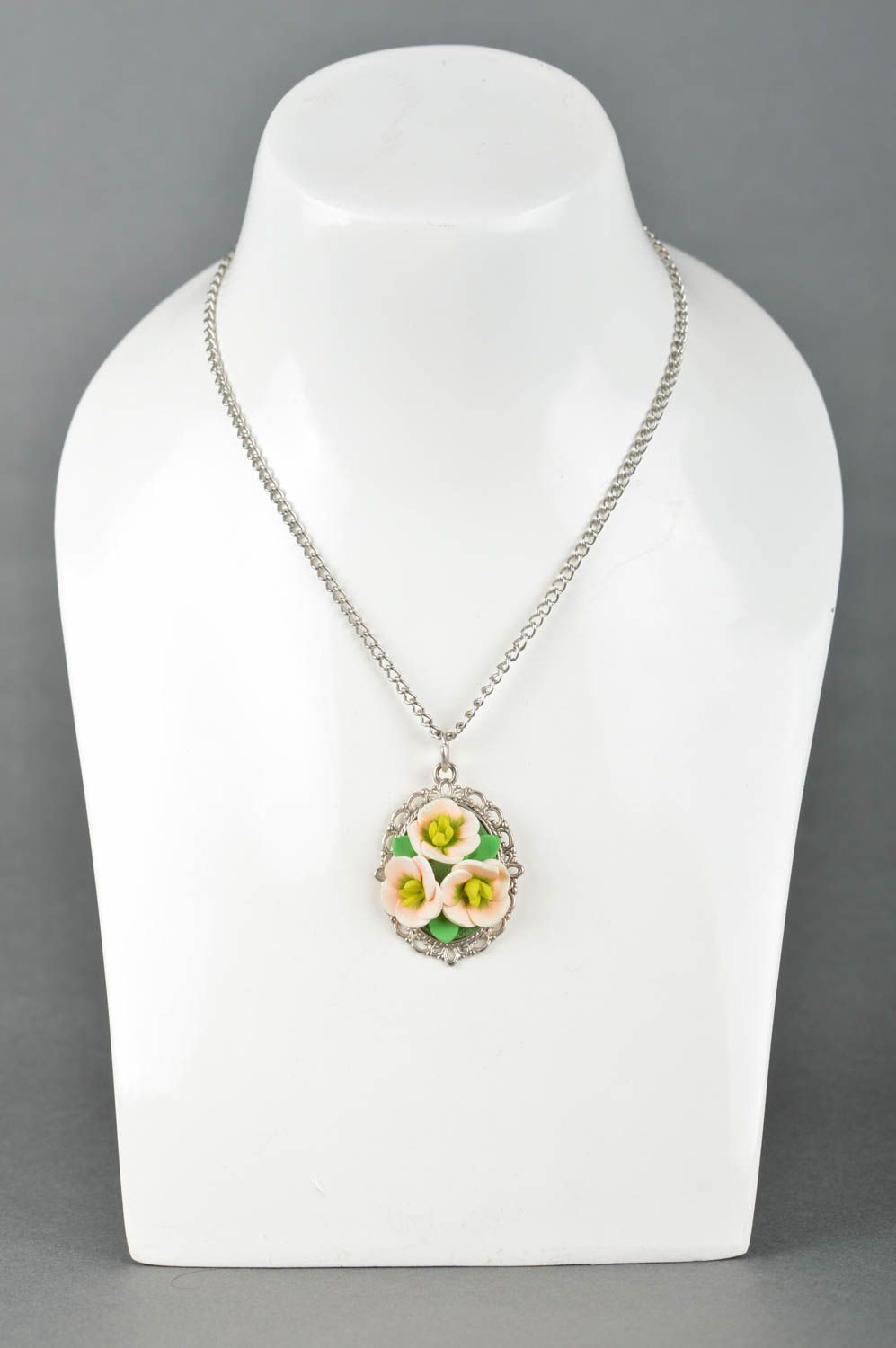 Polymer clay pendant handmade accessory with flowers  vintage jewelry photo 1
