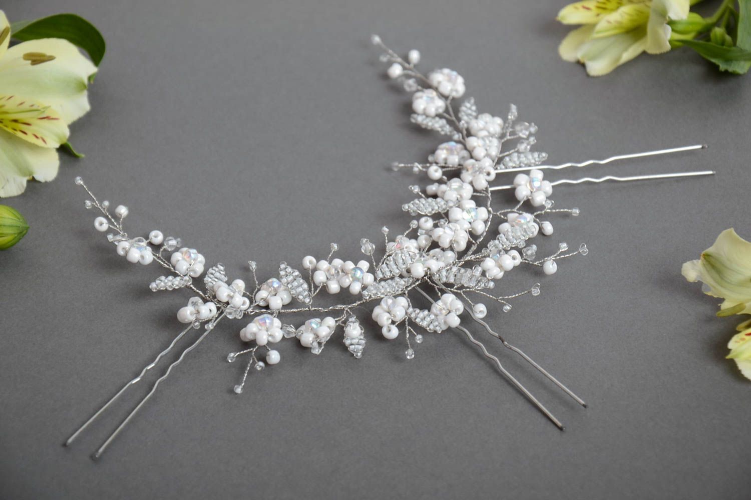 Handmade designer hair accessory with white beaded flowers with hair pins photo 1