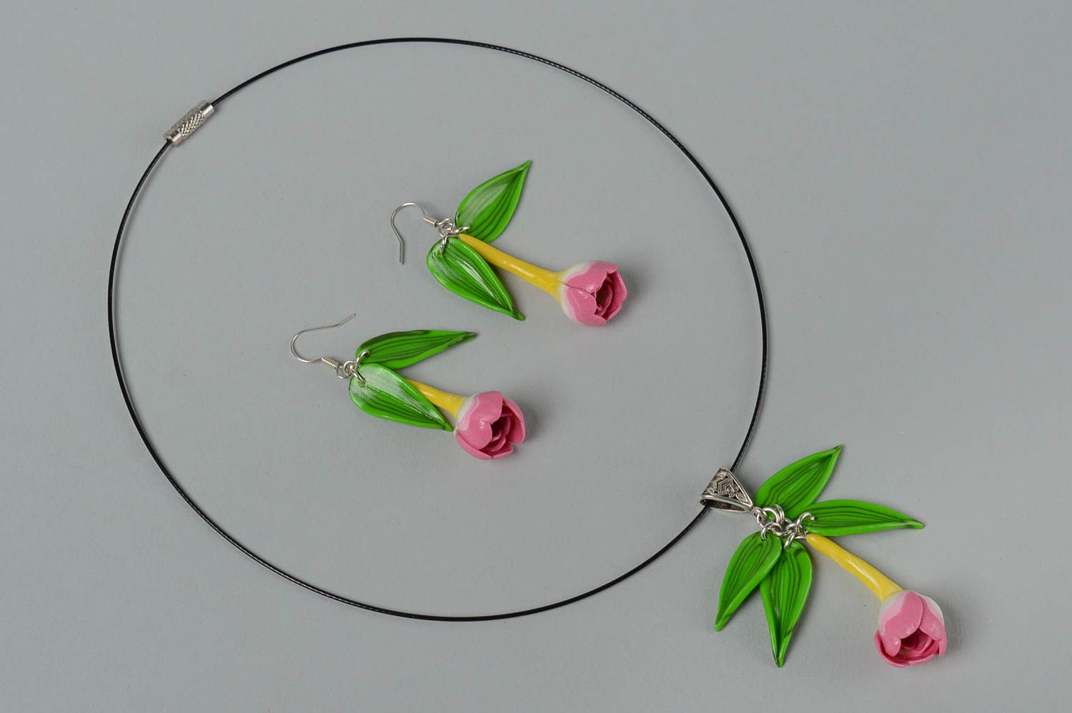 Handmade plastic necklace plastic earrings polymer clay earrings flower pendant photo 2