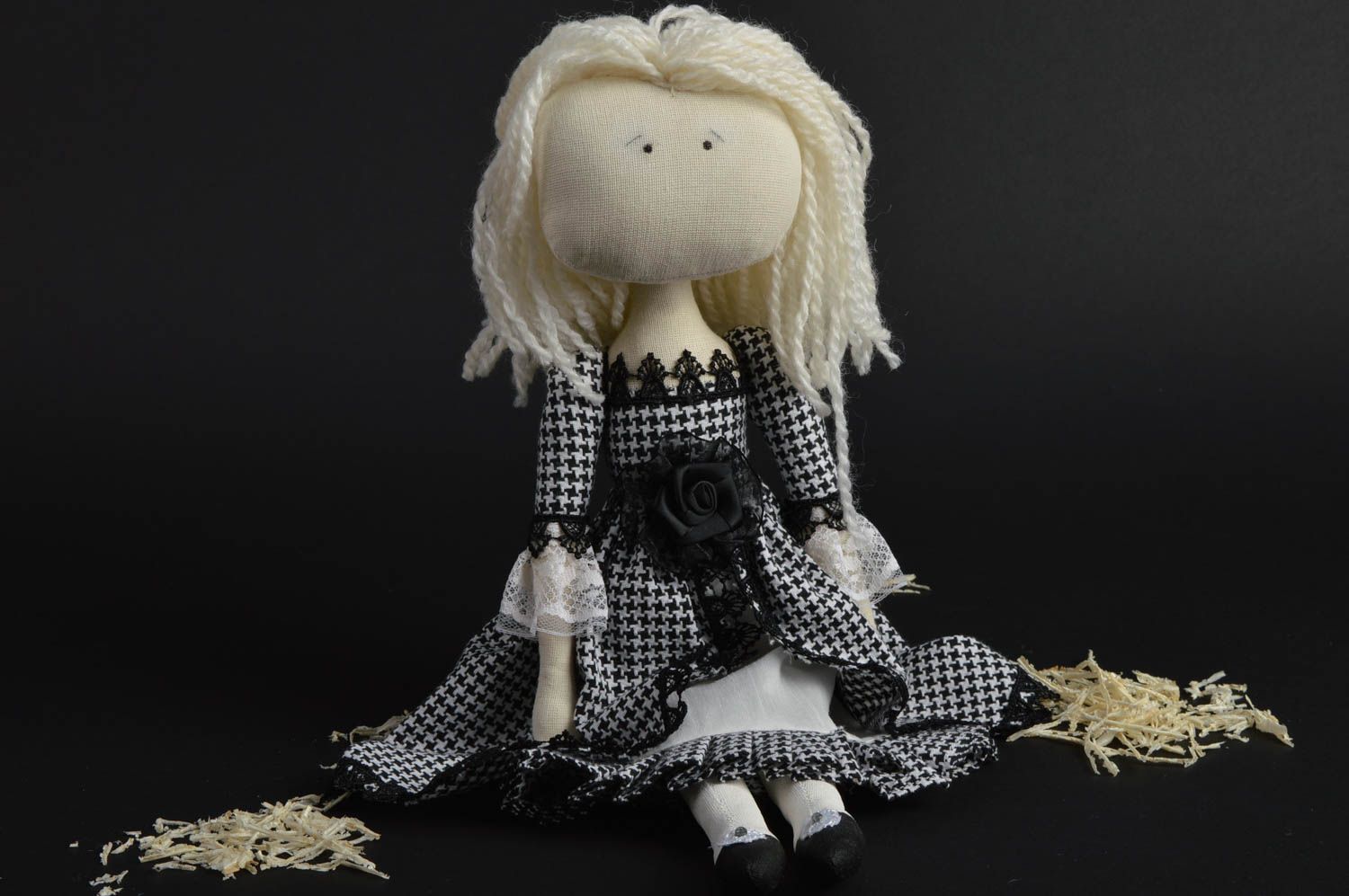 Handmade designer fabric soft doll girl in checkered black and white dress photo 1