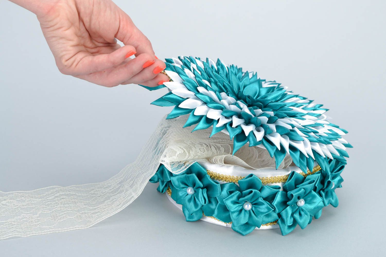 Handmade decorative round blue satin ribbon jewelry box with detachable lid photo 2