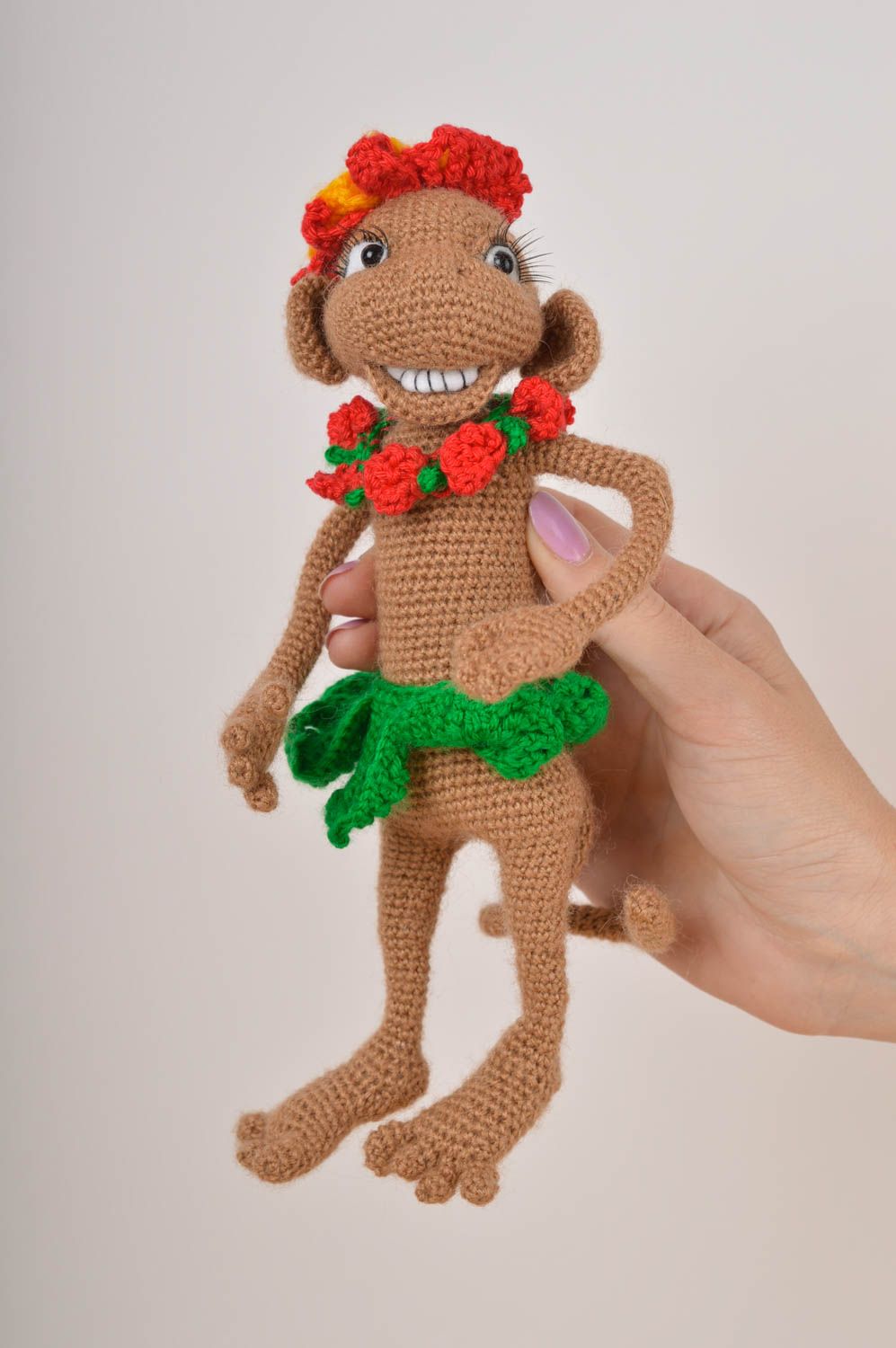 10 inches knitted stuffed monkey toy in brown, red, and green colors photo 5