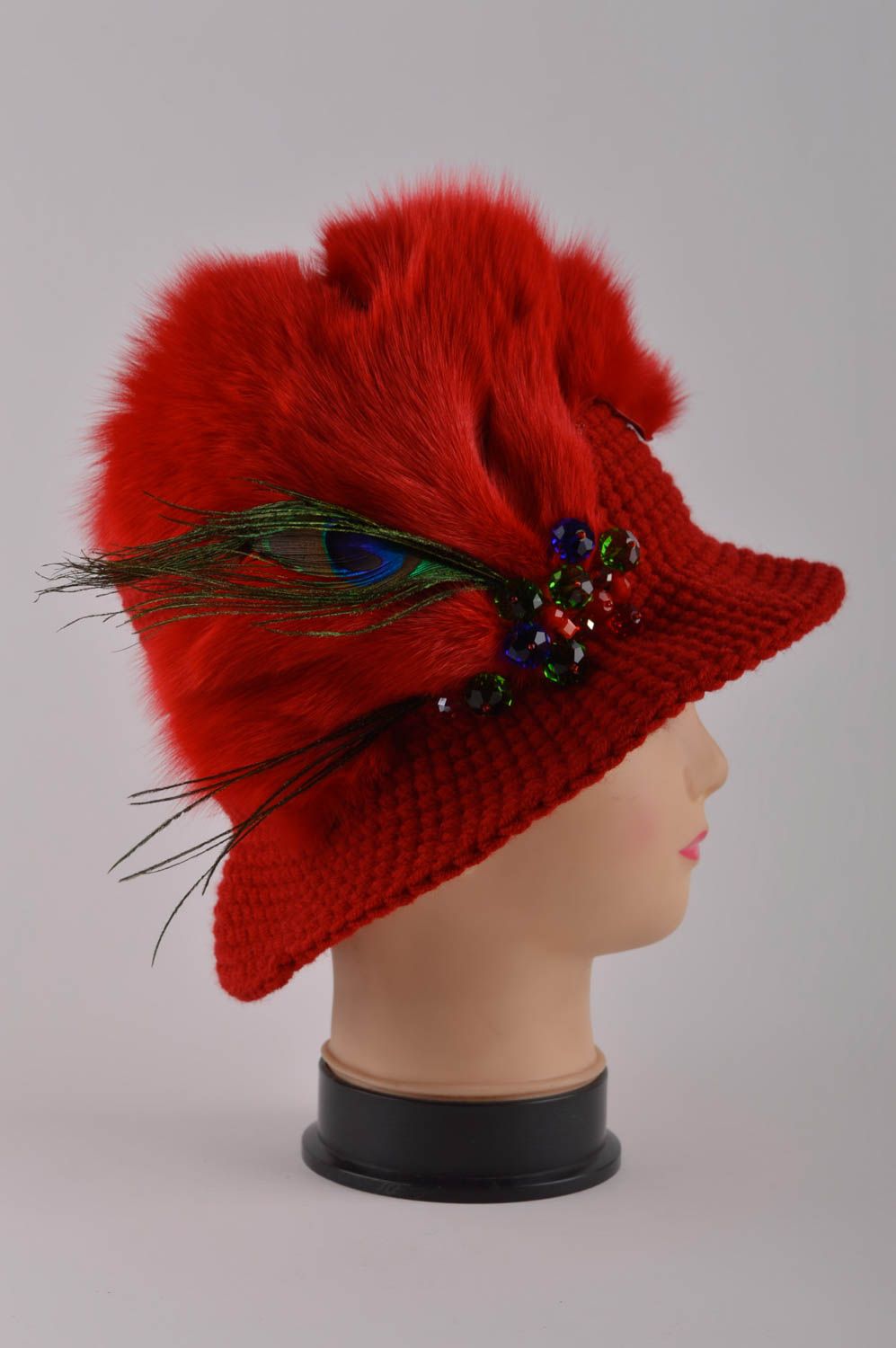Вязаная шапка ручной работы шапка с мехом лисицы зимняя шапка красная шляпа фото 4