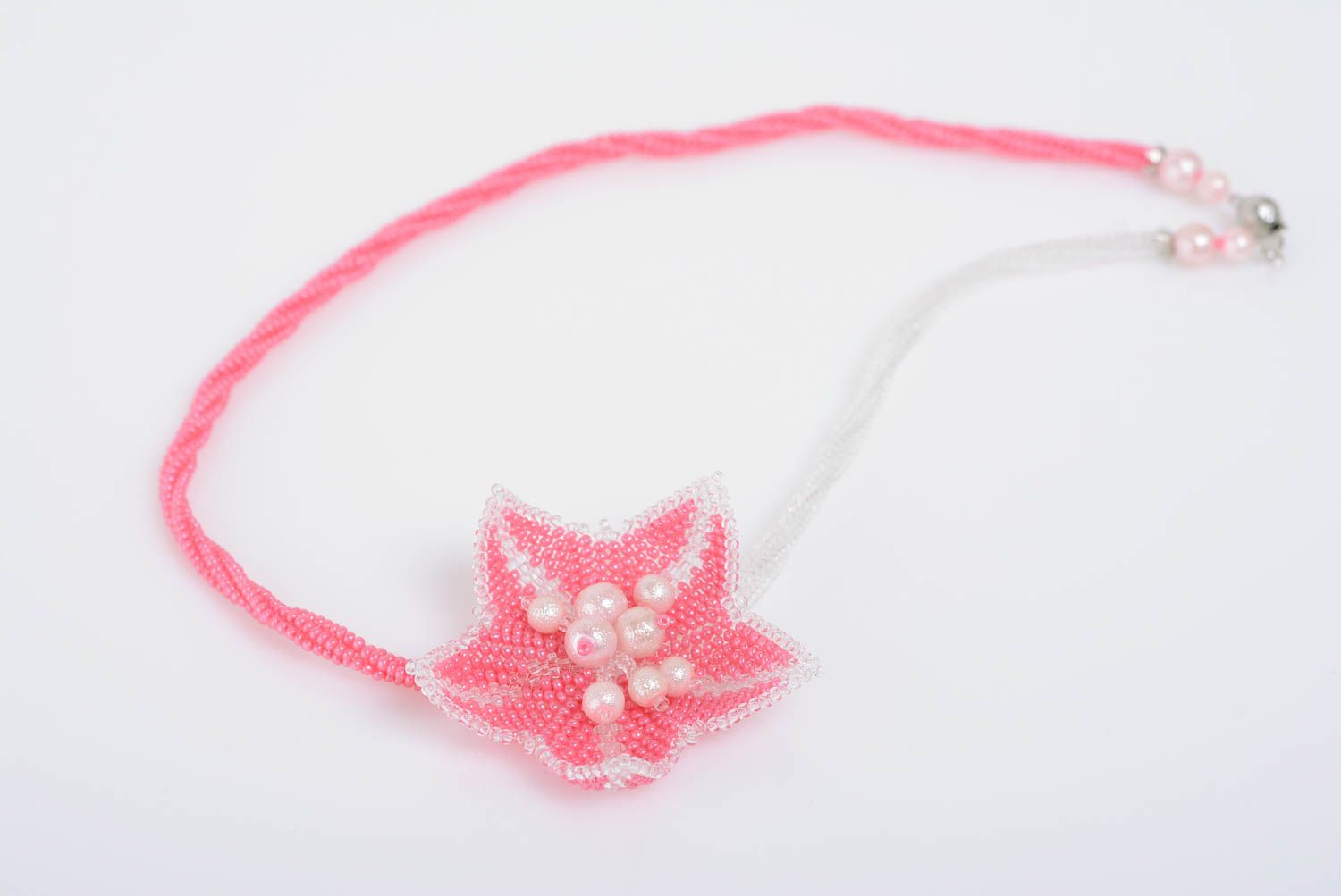 Gentle pink handmade designer women's woven beaded necklace with flower photo 1