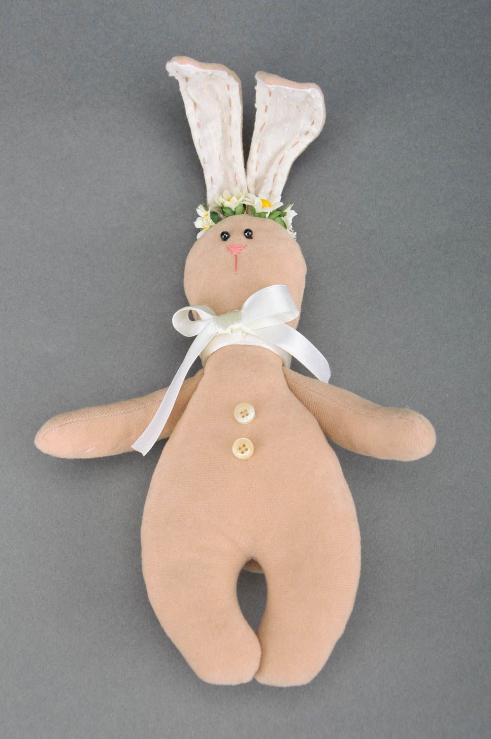 Handmade soft unusual beige toy in the form of cute textile bunny present for baby photo 2