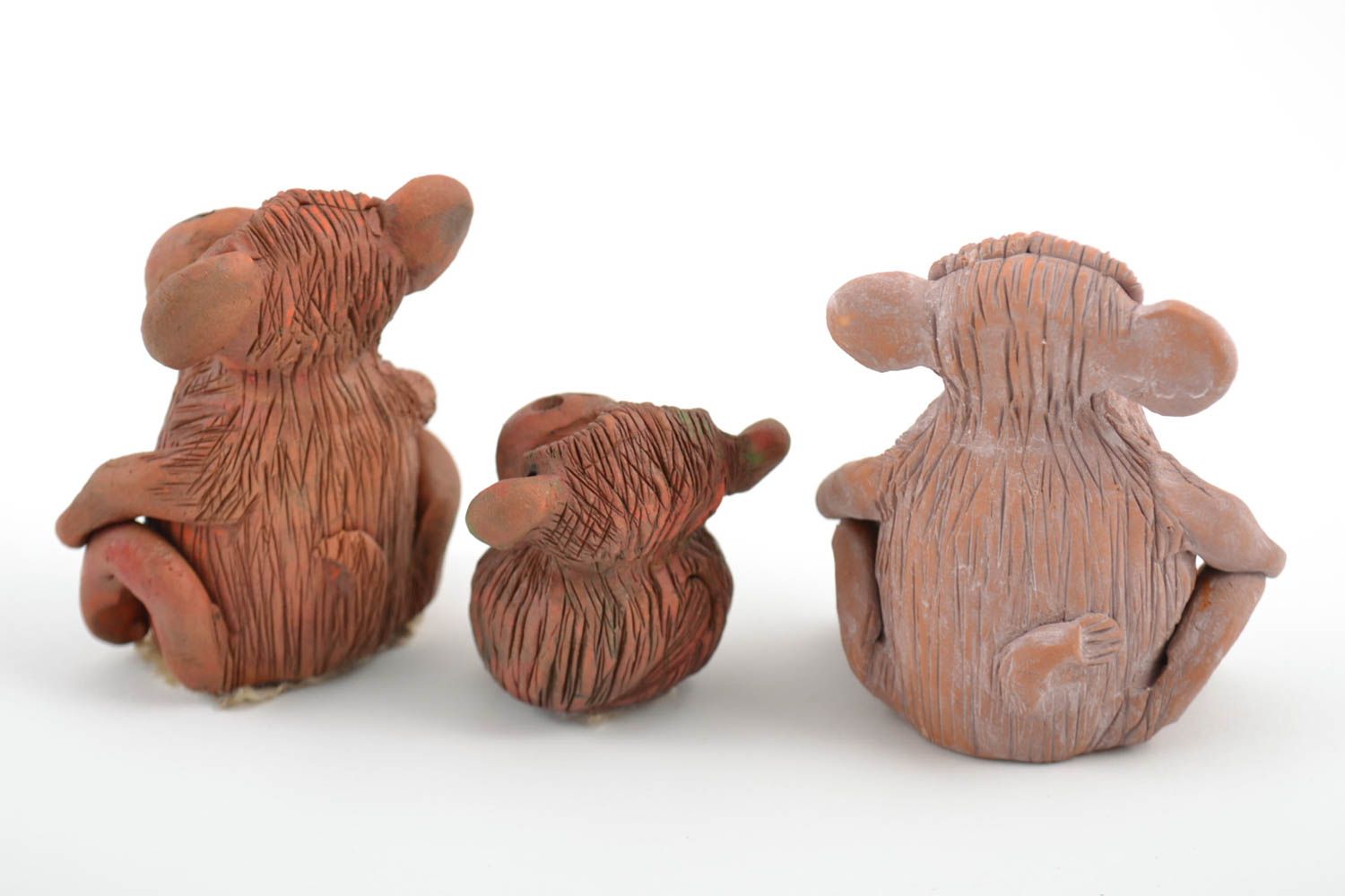 Handmade designer's ceramic statuettes set 3 pieces little monkeys photo 3