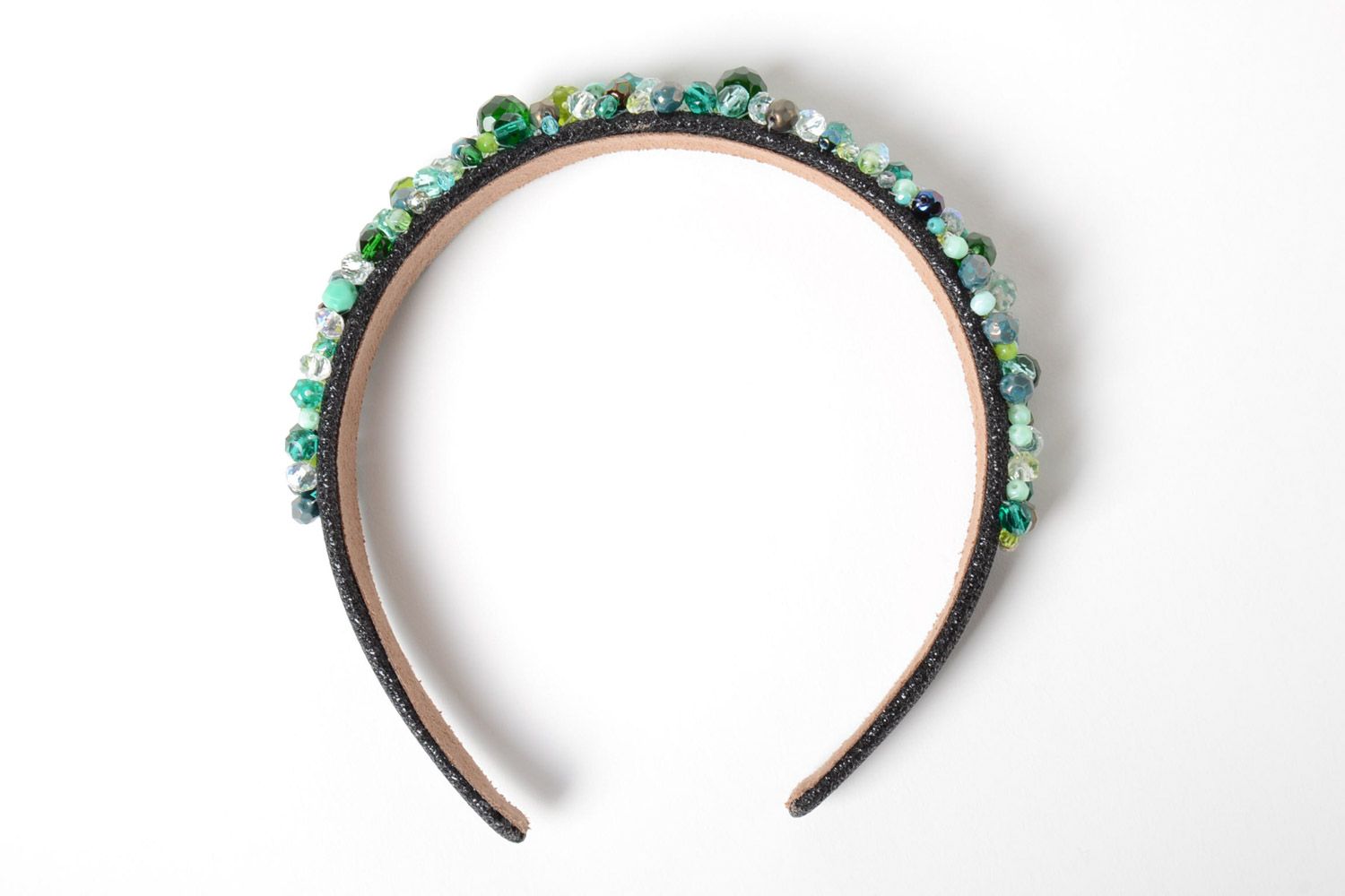 Festive handmade leather headband with beads of green color photo 5