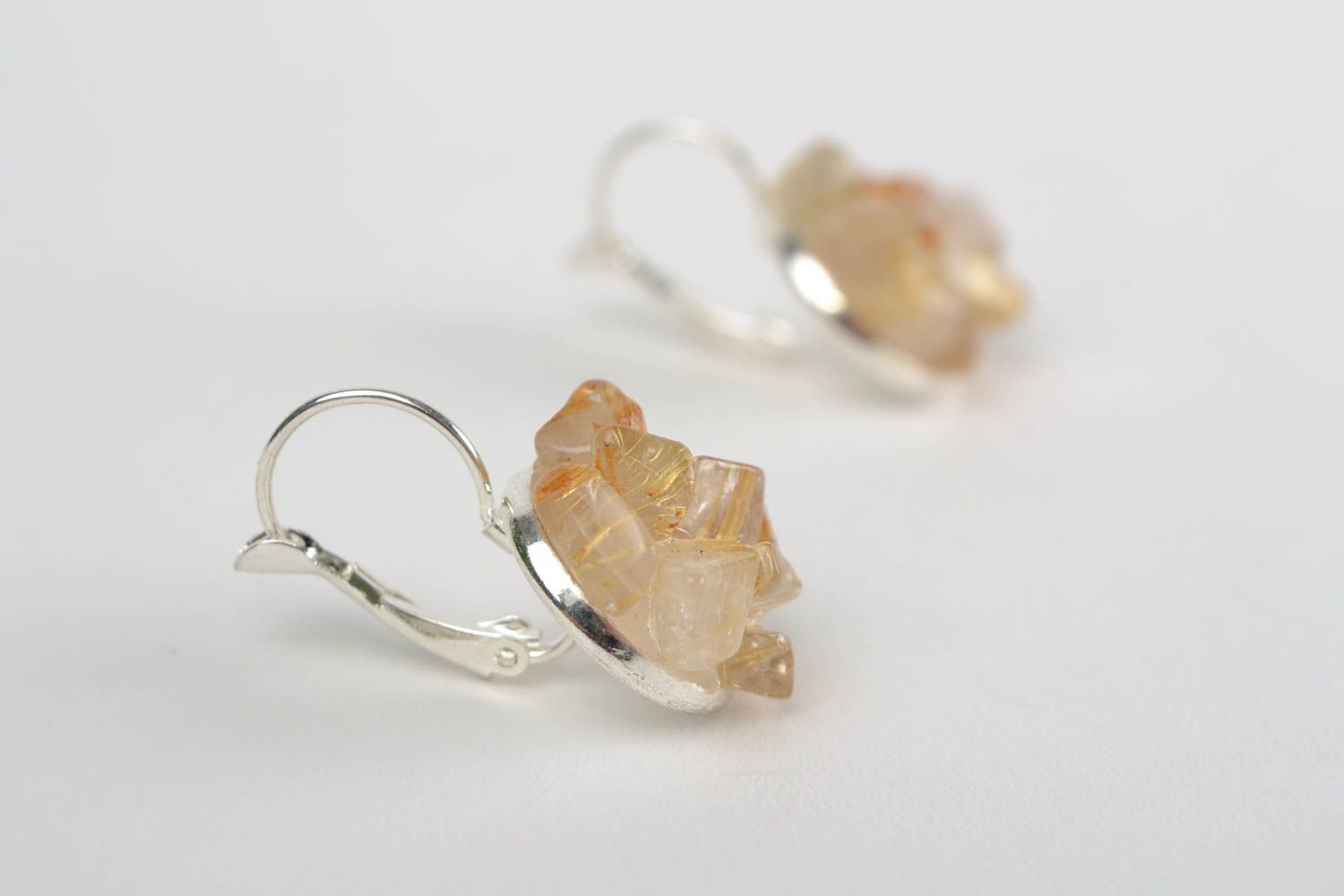 Beautiful gentle handmade small earrings with natural quartz stone for women photo 4