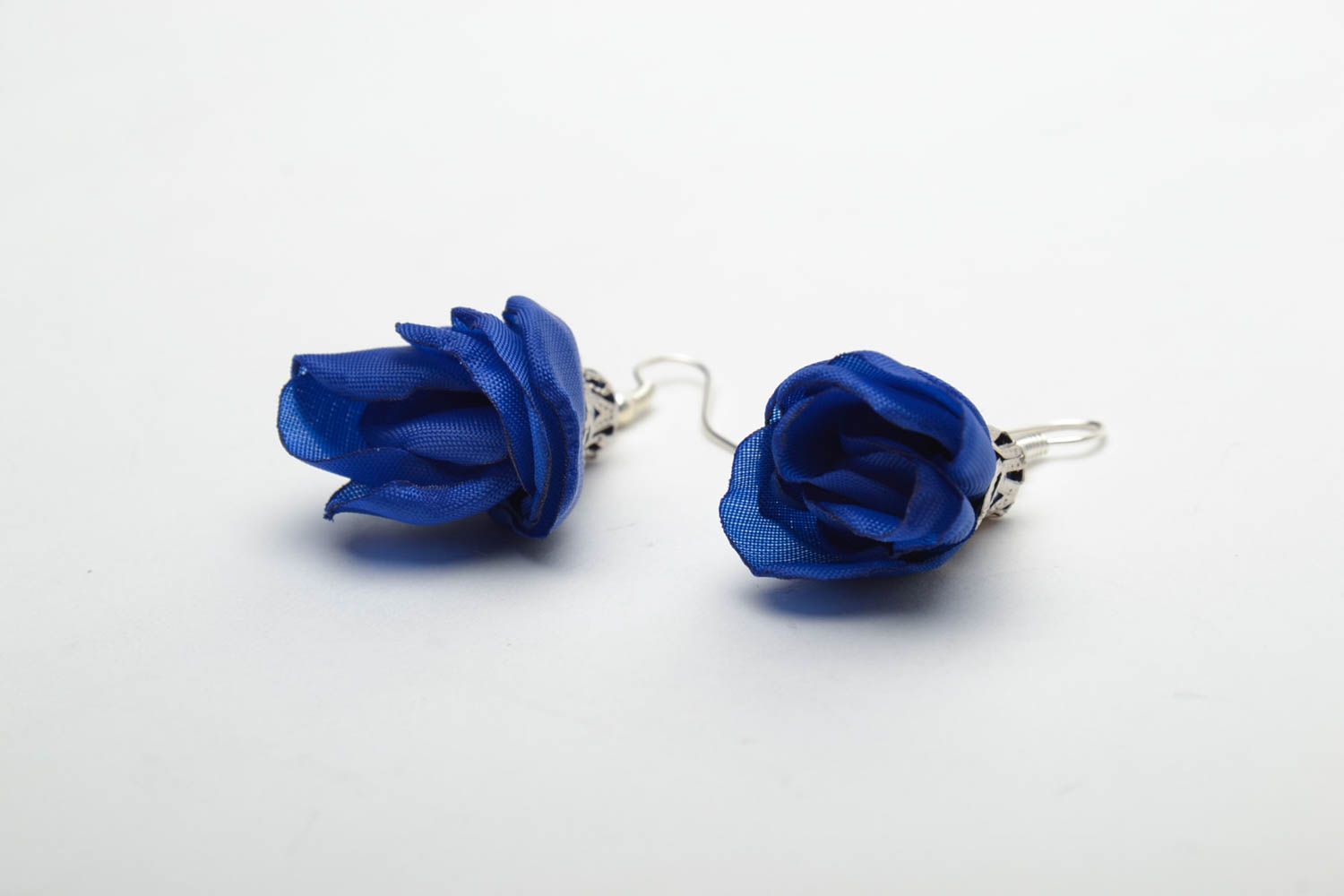 Blue satin ribbon flower earrings photo 4