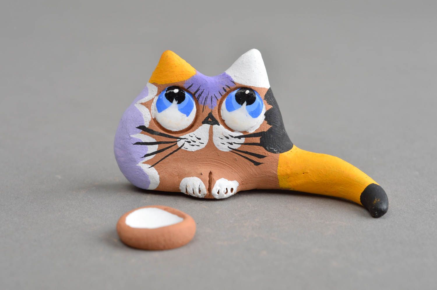 Figurine céramique chat avec bol originale marron violet faite main décoration photo 2