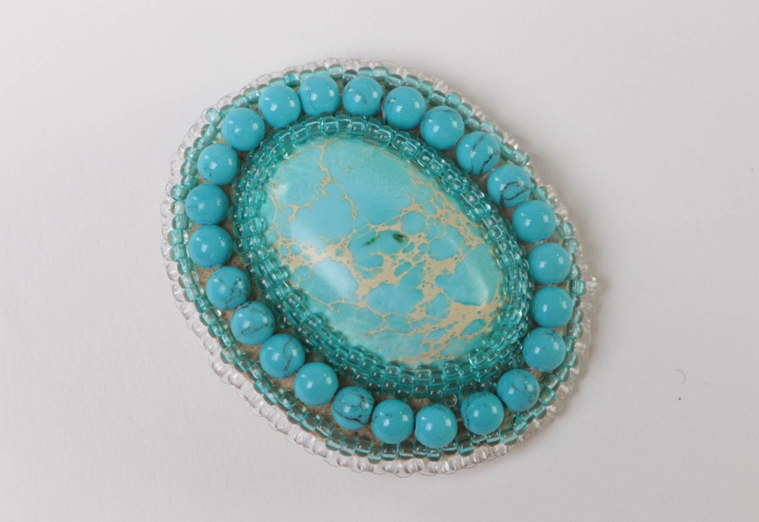 Broche en variscite et perles de rocaille faite main bleue ovale originale photo 2