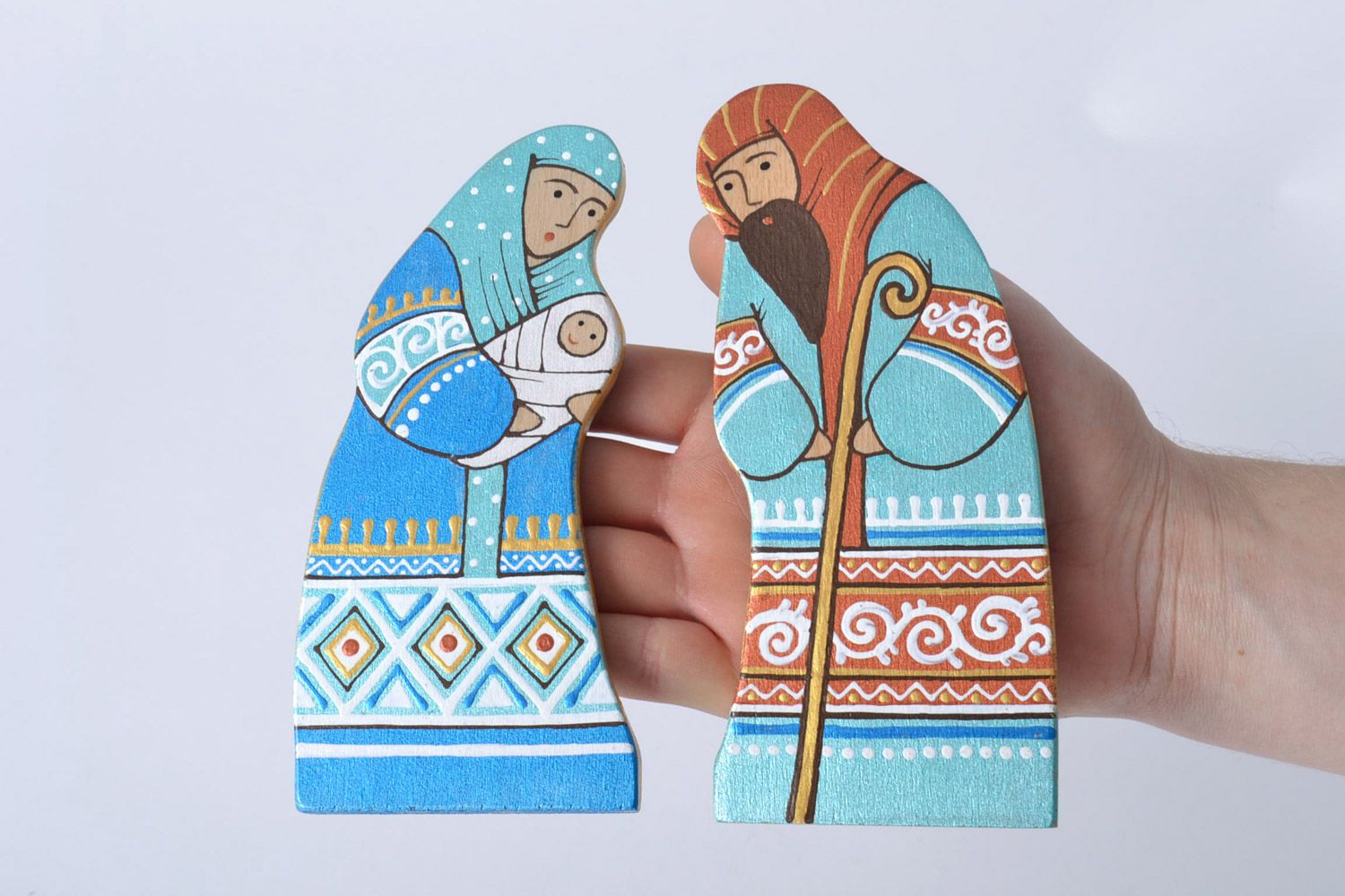 Dekorative Öko Spielzeuge Figuren aus Holz Maria und Josef mit Acrylfarben bemalt foto 5