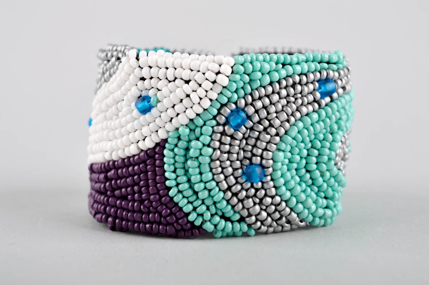 Stylish handmade beaded wide wrist bracelet in turquoise, white and black colors photo 3