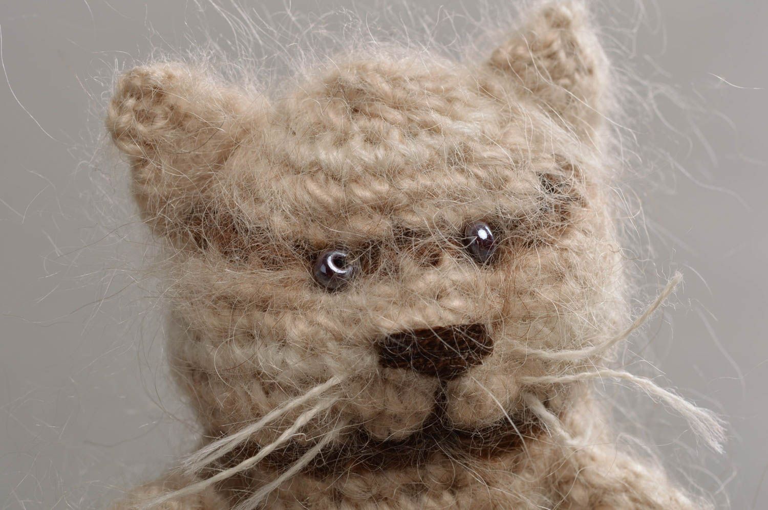 Small handmade beautiful gray soft toy cat crocheted of mohair threads photo 3