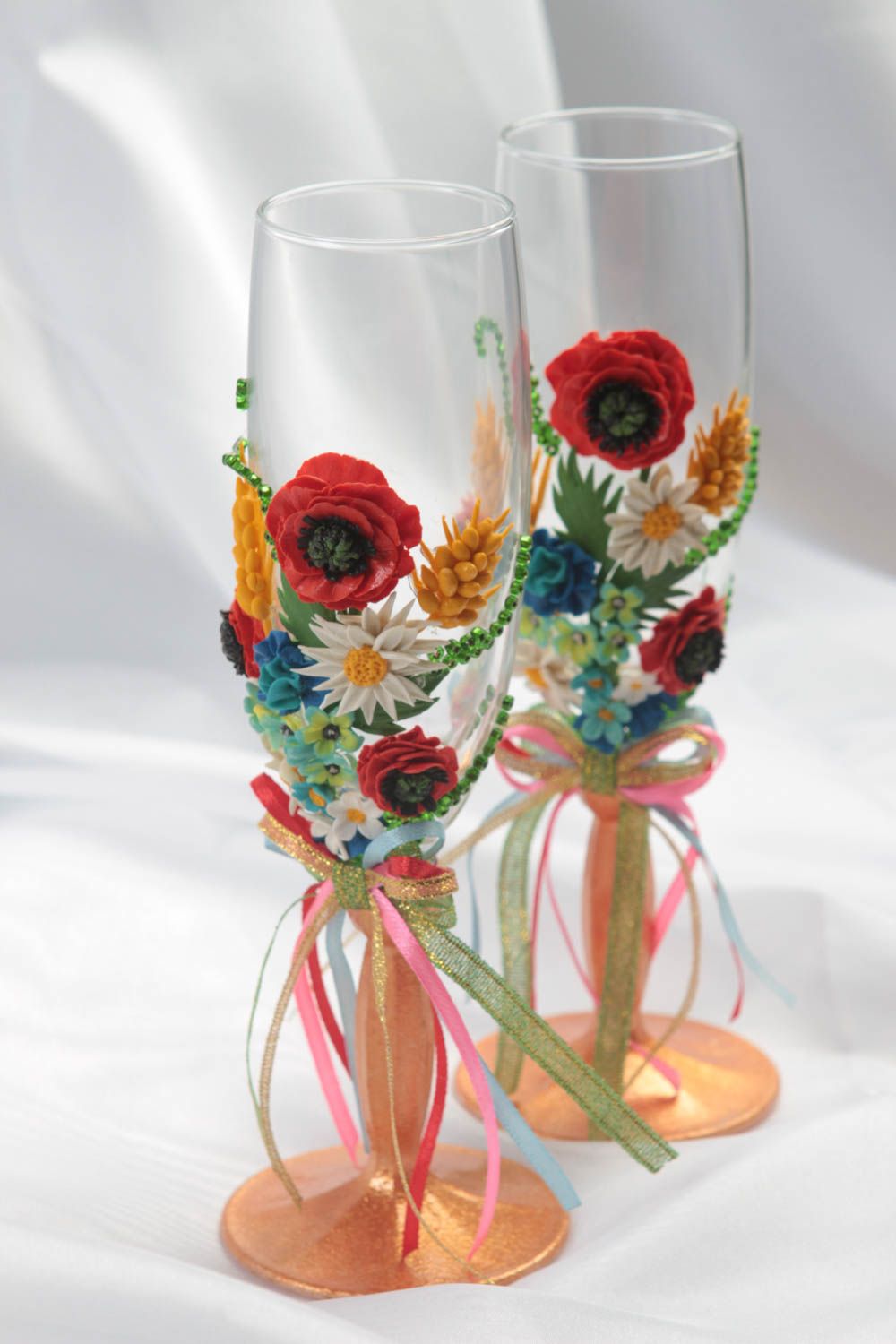 Handmade decorated wine glasses wedding or interior champagne glasses clay decor photo 1