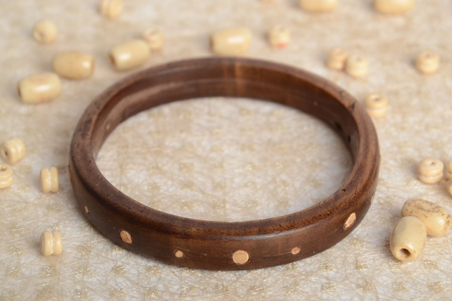 Handmade thin wrist bracelet carved of wood with intarsia for women photo 2