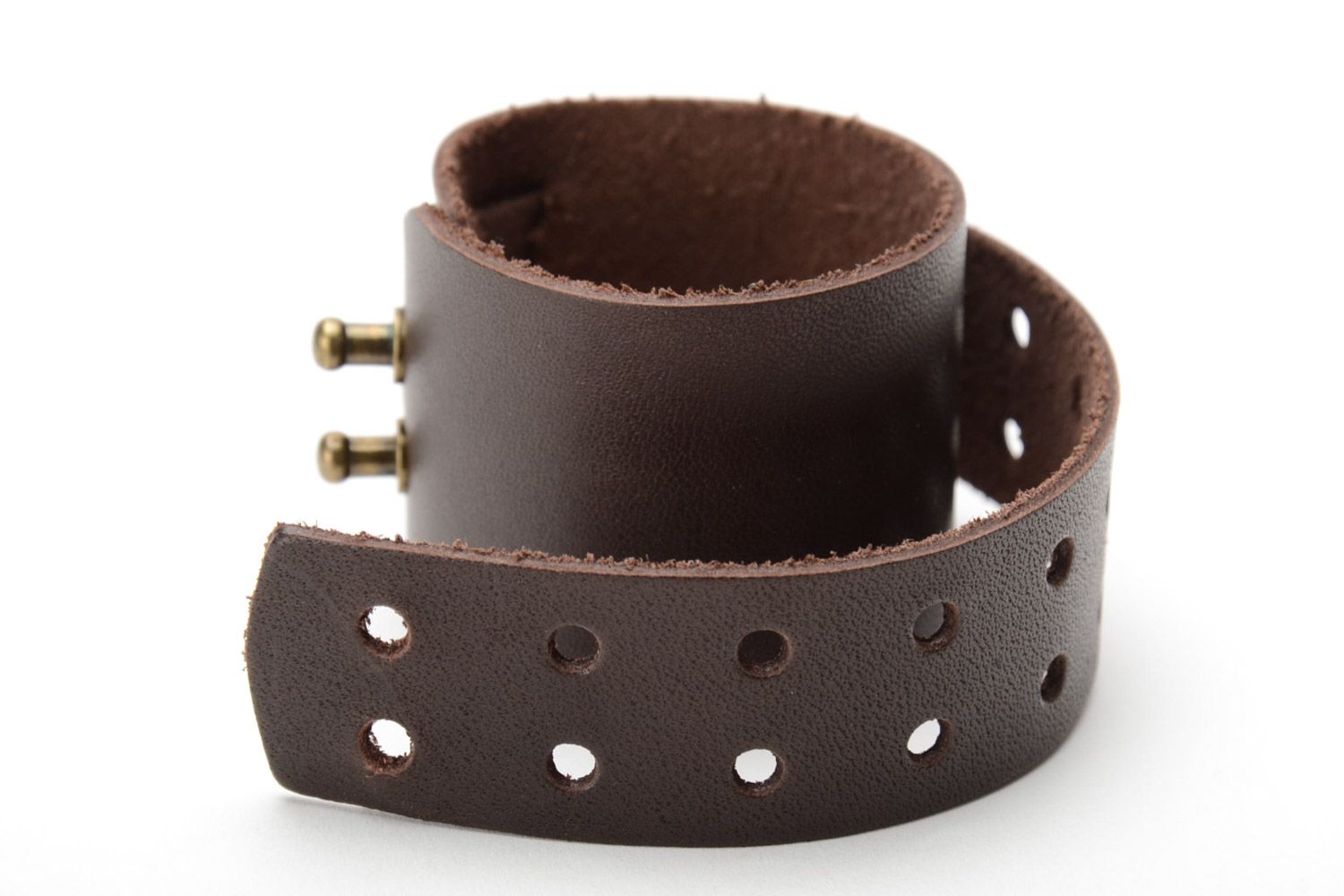 Handmade massive genuine leather wrist bracelet of brown color with metal elements photo 5