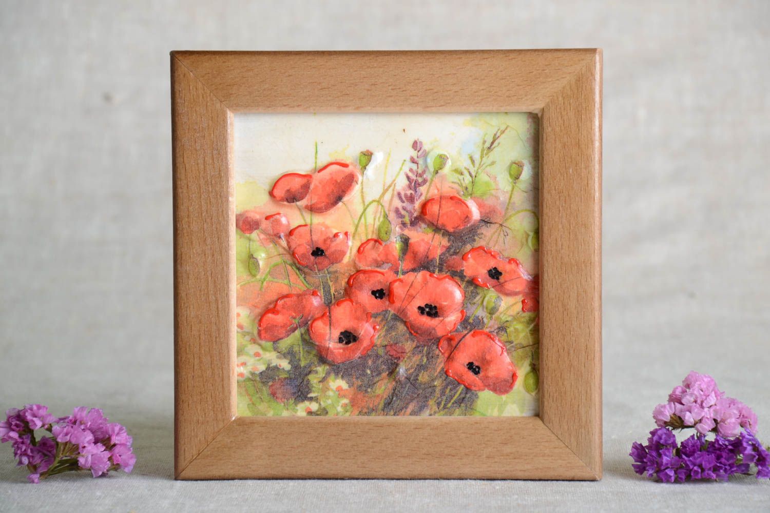Designer handmade decoupage wall picture with poppies unique stylish decoration photo 1
