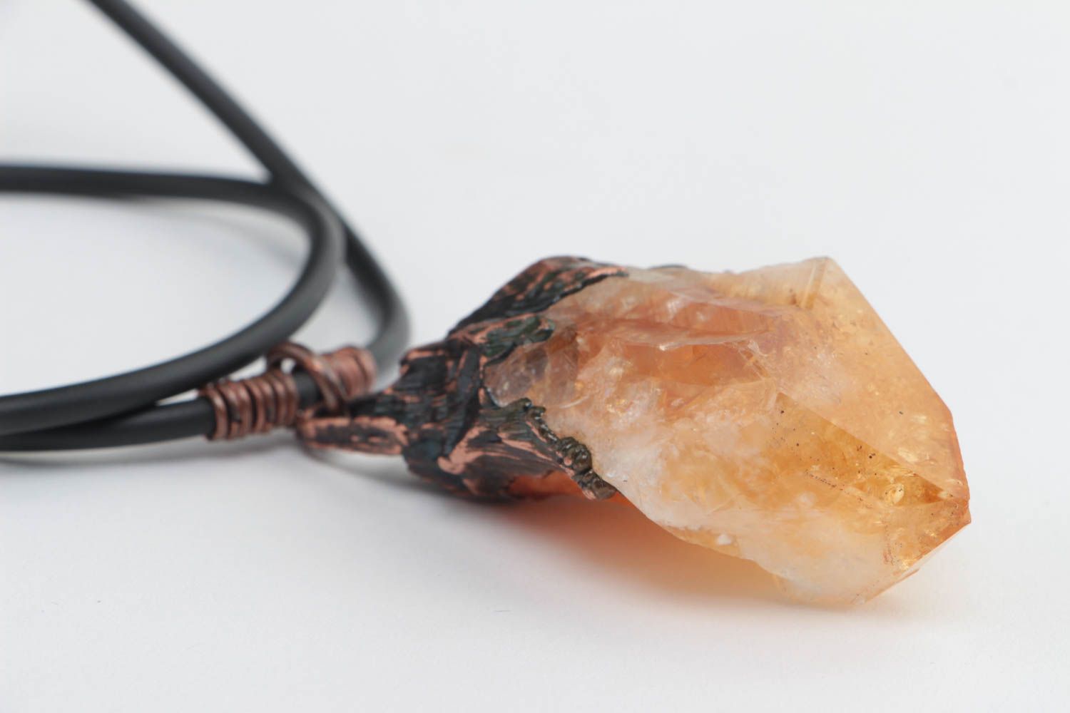Handmade designer copper pendant necklace with citrine crystal on rubber cord photo 3