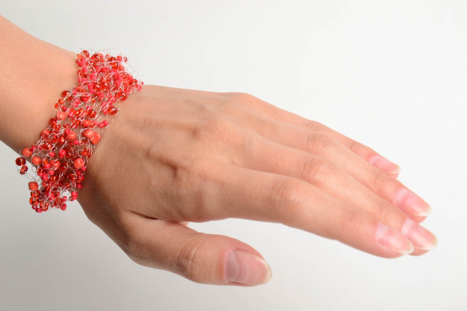 Handmade wide airy wrist bracelet crocheted of red Czech beads for women photo 2