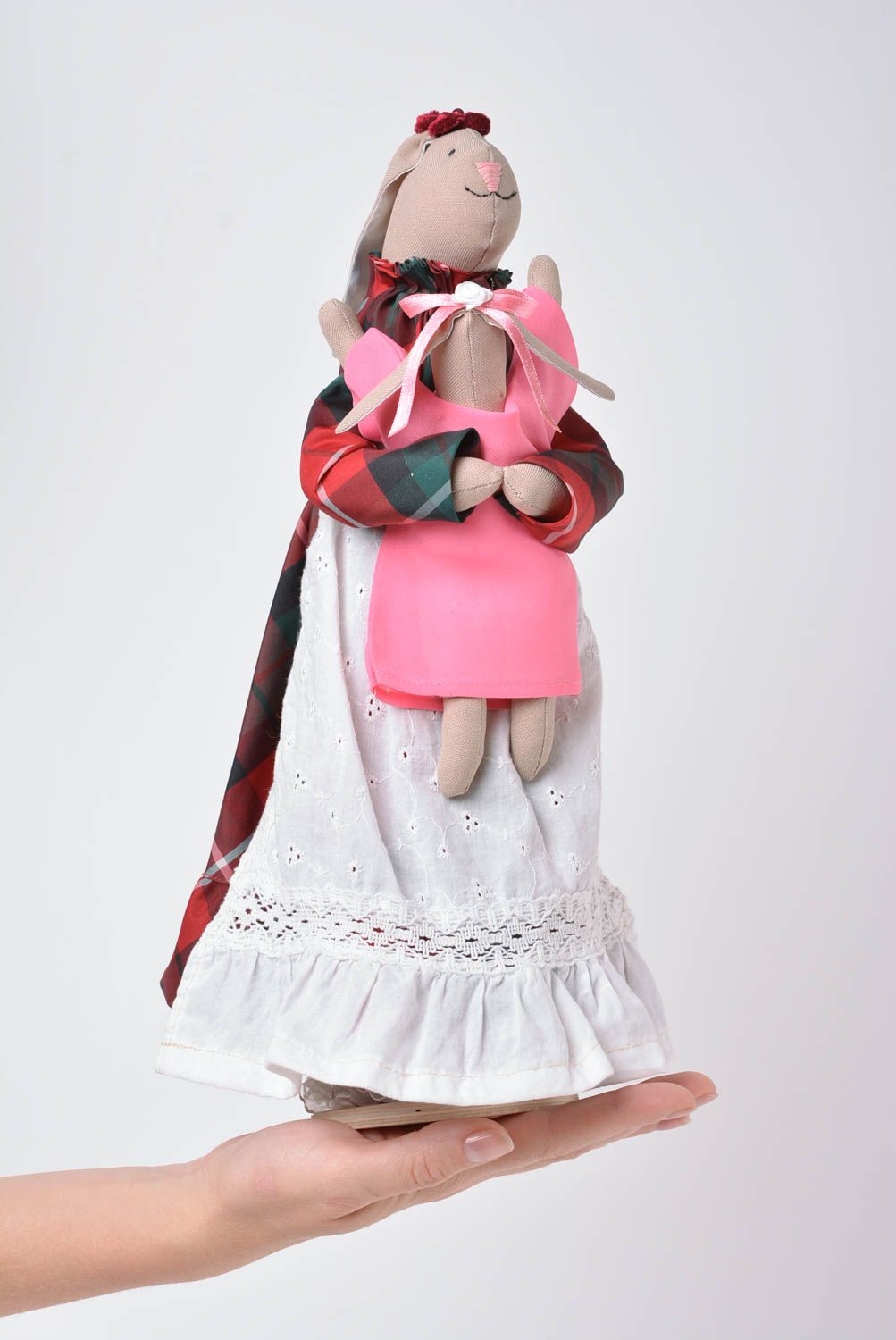 Handmade designer cotton toy Rabbit Girl on stand beautiful nursery decor photo 4