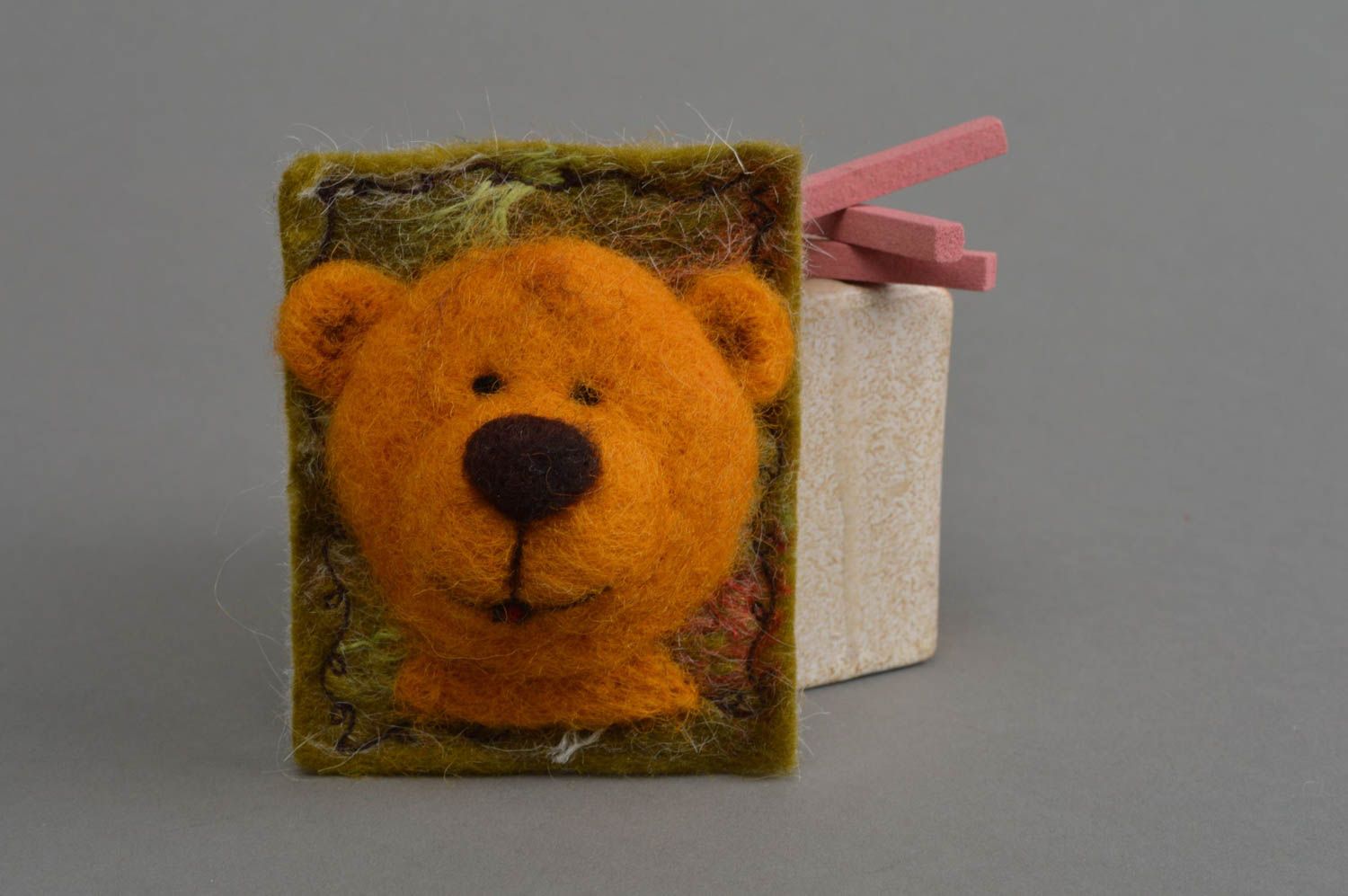 Handmade beautiful stylish unusual textile fridge magnet in shape of bear photo 1