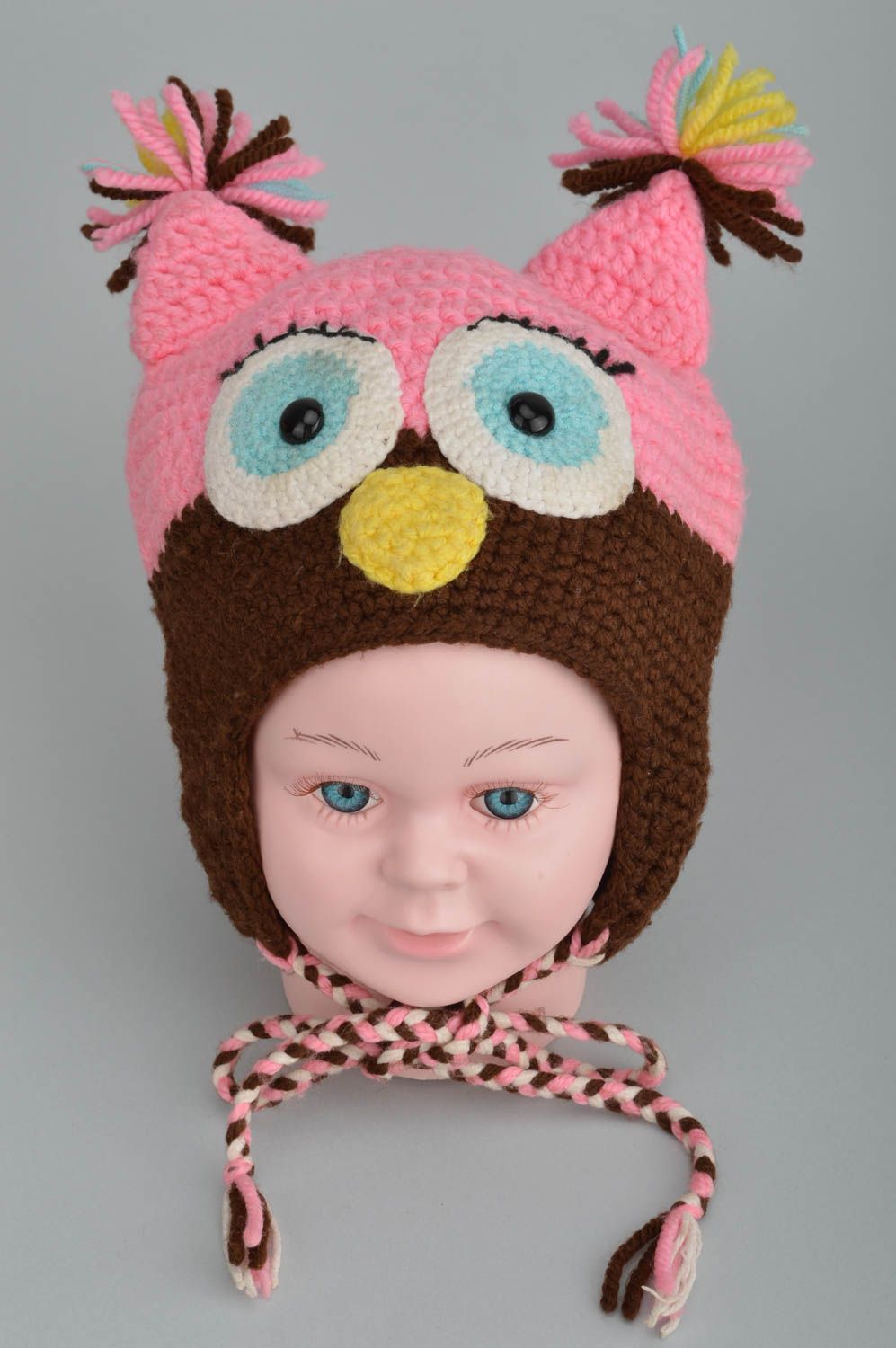 Handmade crocheted cap warm accessory for kids cute cap in shape of owl  photo 5