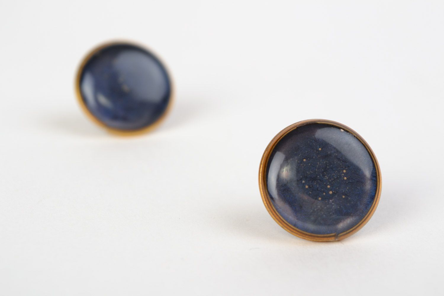Handmade small stud earrings with jewelry glaze of dark blue color for women photo 5