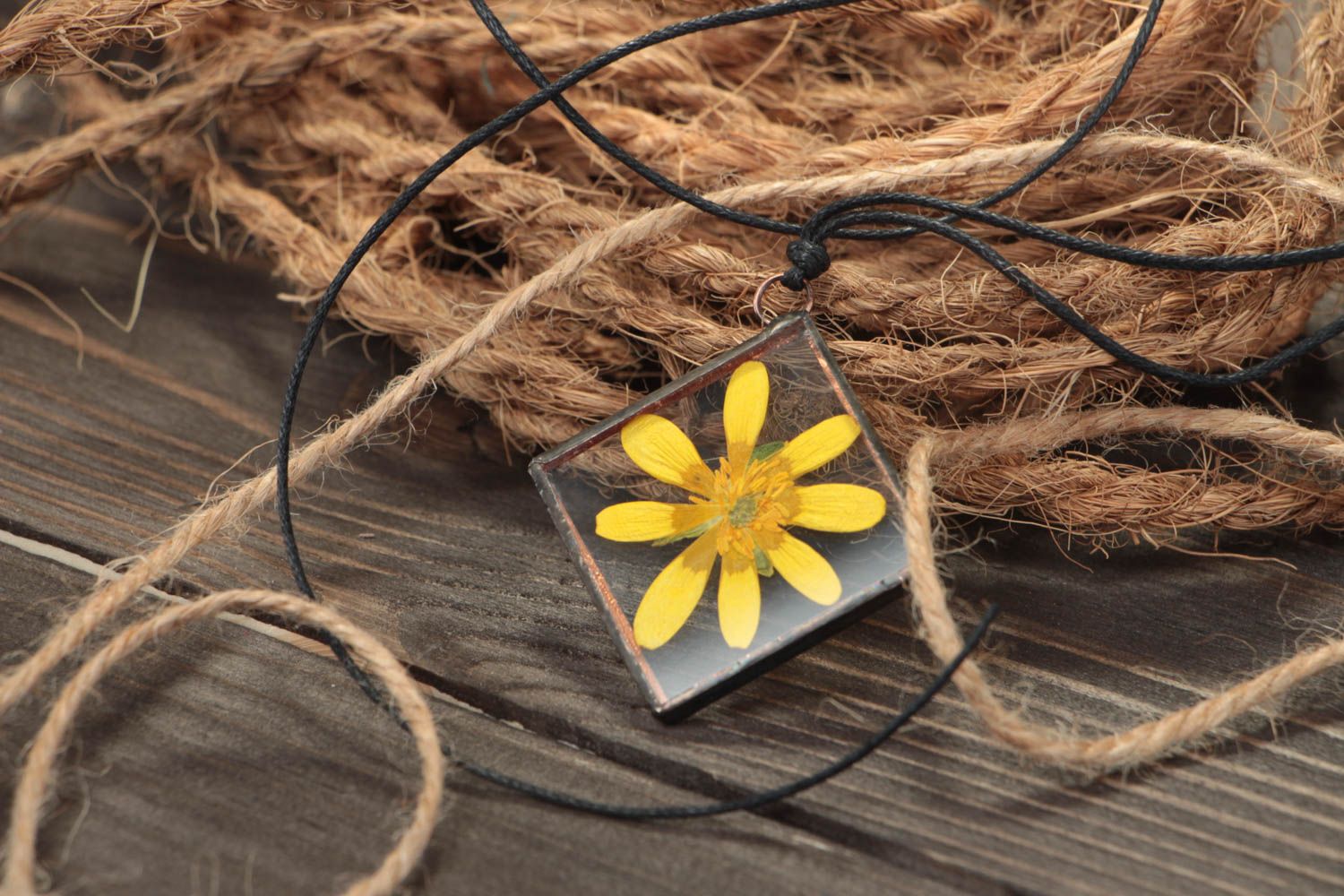 Beautiful handmade glass pendant with real flower inside on waxed cord Yellow photo 1