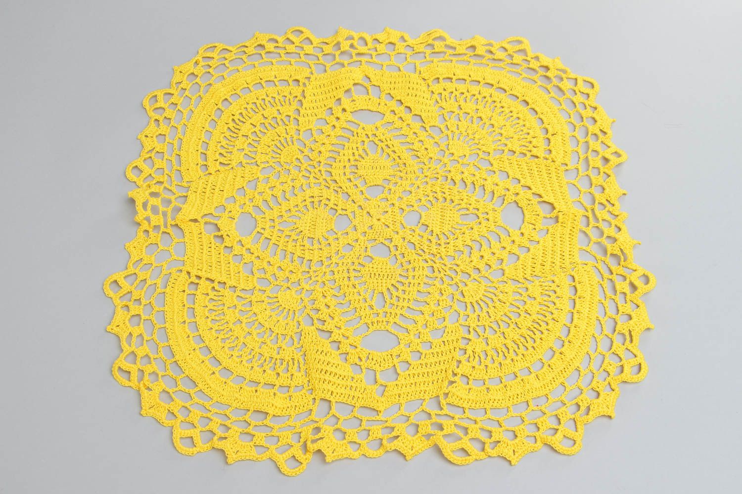 Beautiful light lace crochet cotton table napkin of yellow color handmade photo 2