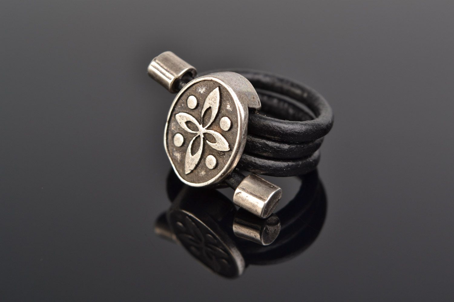 Handmade unusual metal ring on leather cord of adjustable size for women photo 1