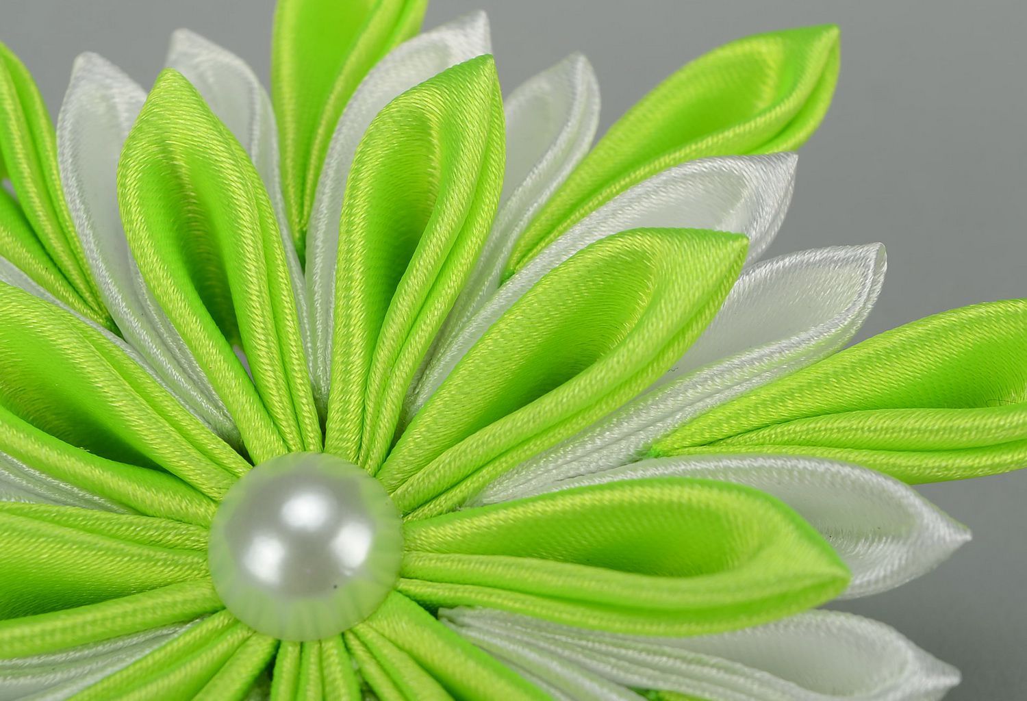 Light green-white scrunchy with satin flower photo 4