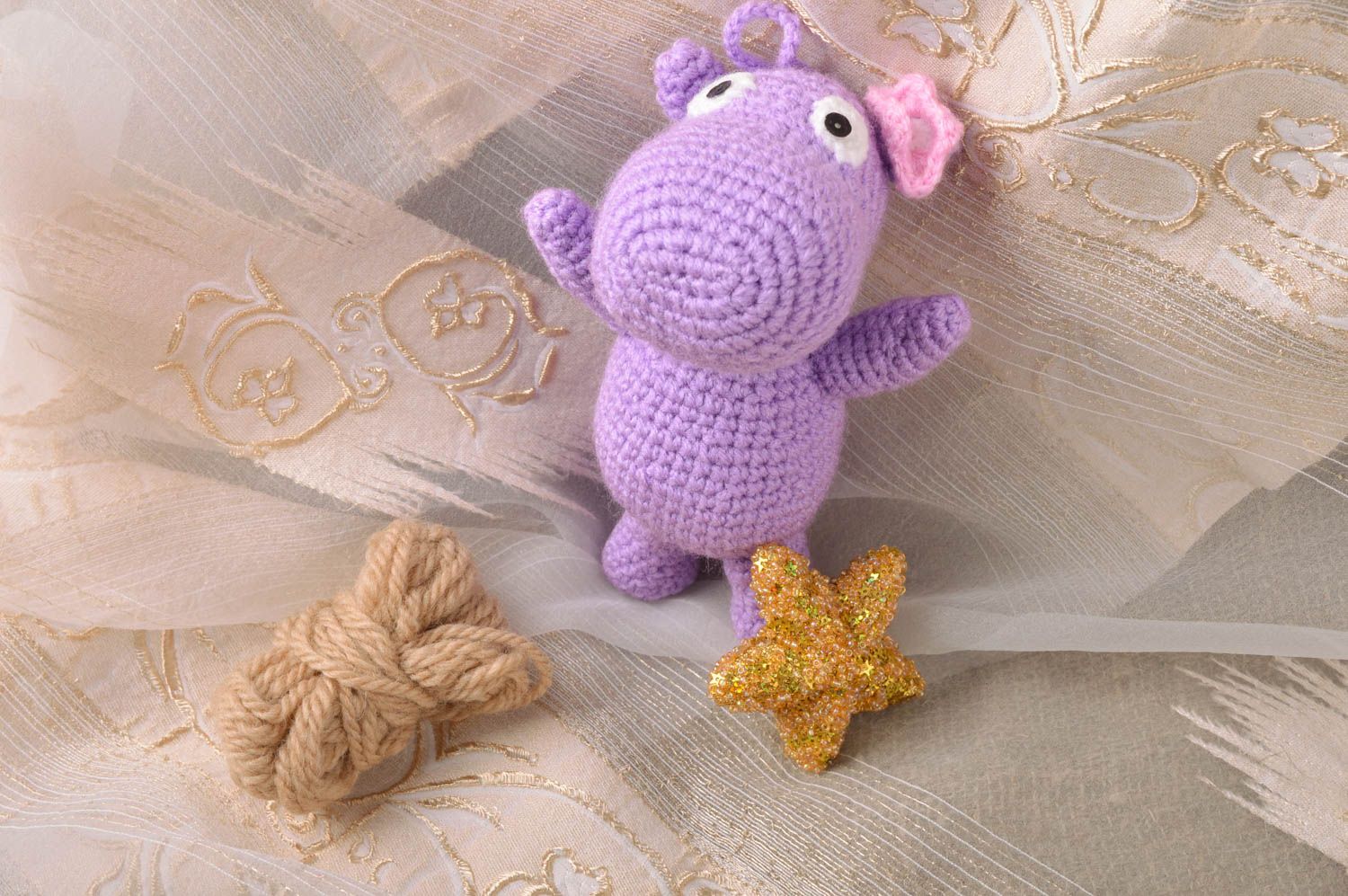 Handmade decorative crocheted purple toy Hippo small present for children photo 1