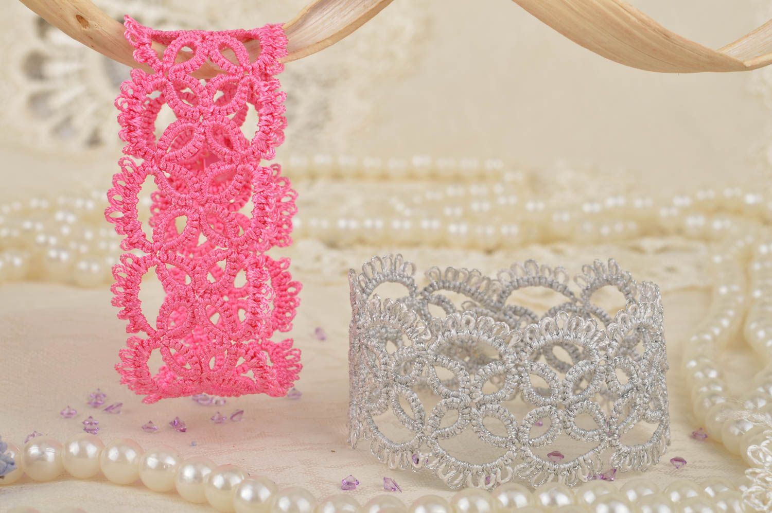 Set of 2 handmade beautiful designer tatting lace bracelets white and pink photo 1