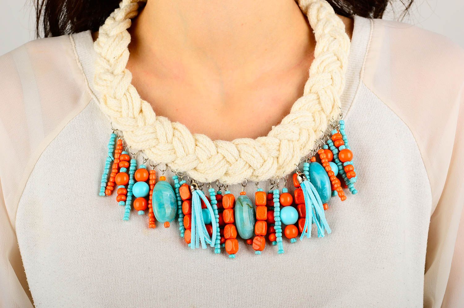 Unusual handmade textile necklace cool jewelry beaded necklace gifts for her photo 1
