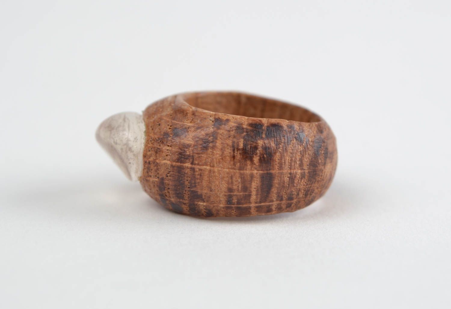 Handmade designer volume natural wooden ring with mountain crystal glass photo 4