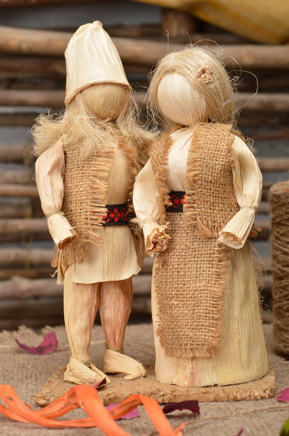 Set of 2 handmade designer woven interior figurines Couple in Love folk dolls photo 1