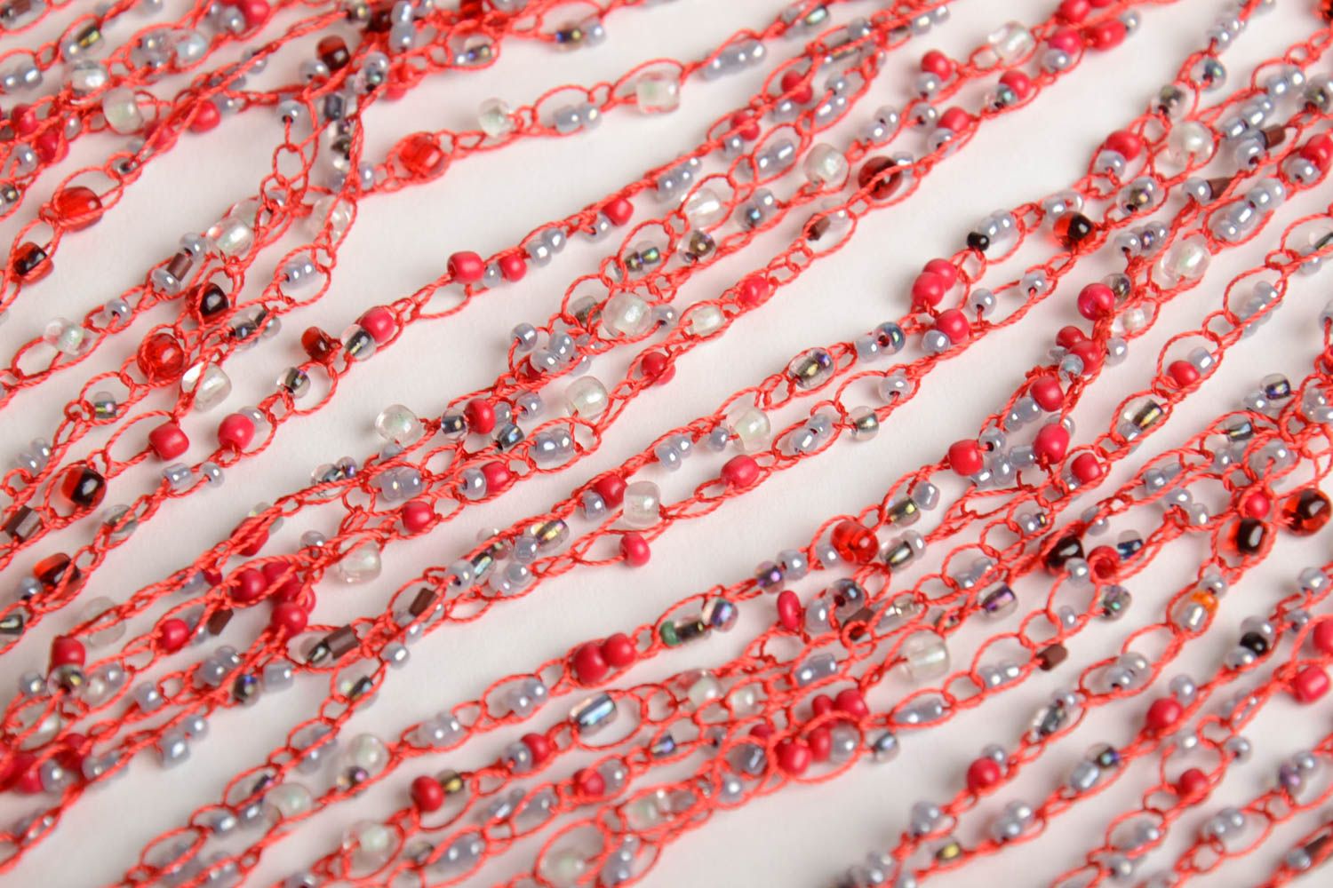 Handmade long airy multi row necklace crocheted of beads in red color palette photo 5