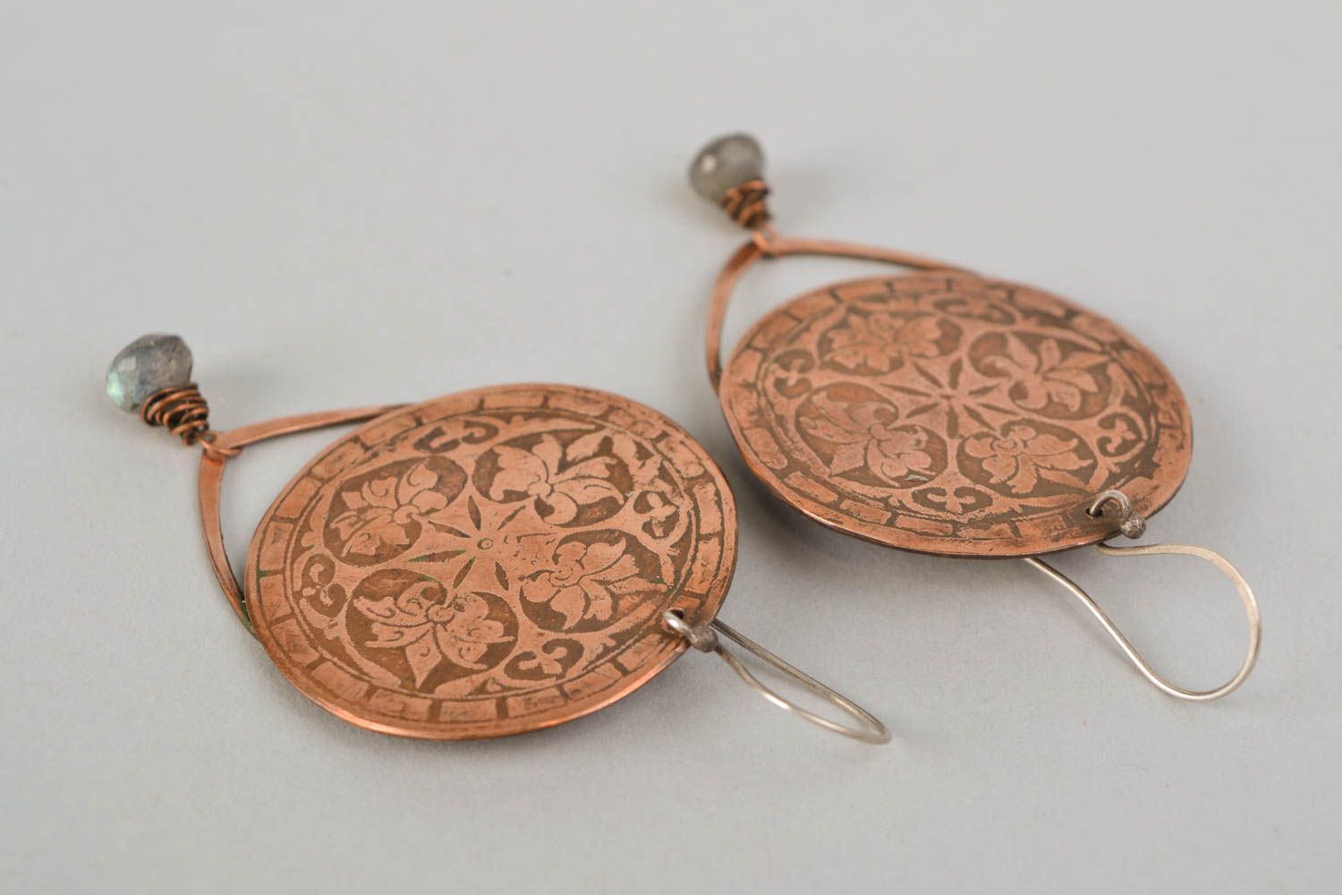 Handmade round copper earrings with ornaments photo 4