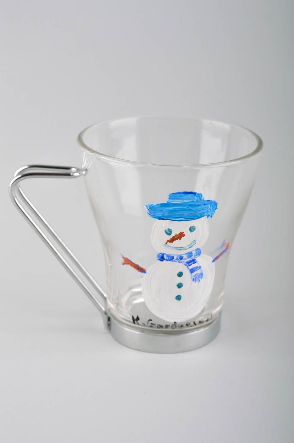Clear glass pyramid shape teacup with metal handle and hand-painted snowman photo 2