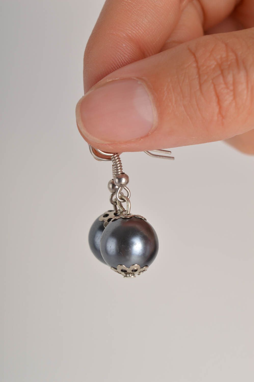 Handmade grey laconic earrings unusual beaded earrings elegant accessory photo 5