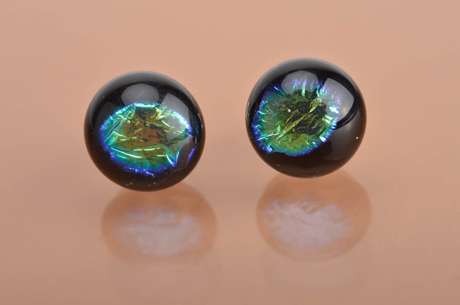 Unusual beautiful handmade designer round stud earrings with dichroic glass photo 2