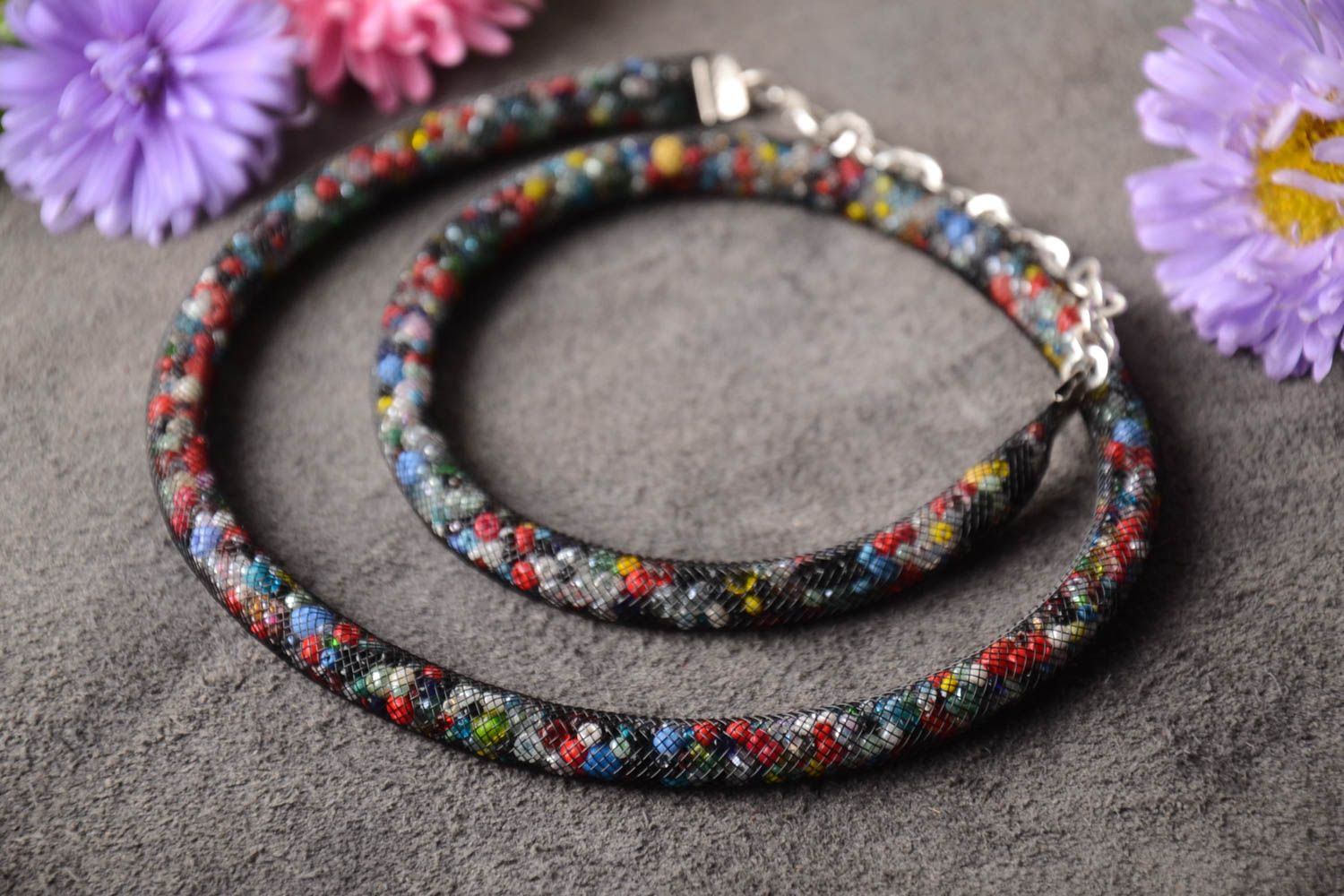 Handmade unusual beaded necklace stylish elegant accessory beaded cord necklace photo 1