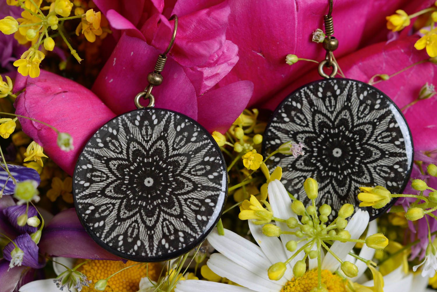 Handmade round ornamented dark polymer clay dangling earrings with decoupage photo 5