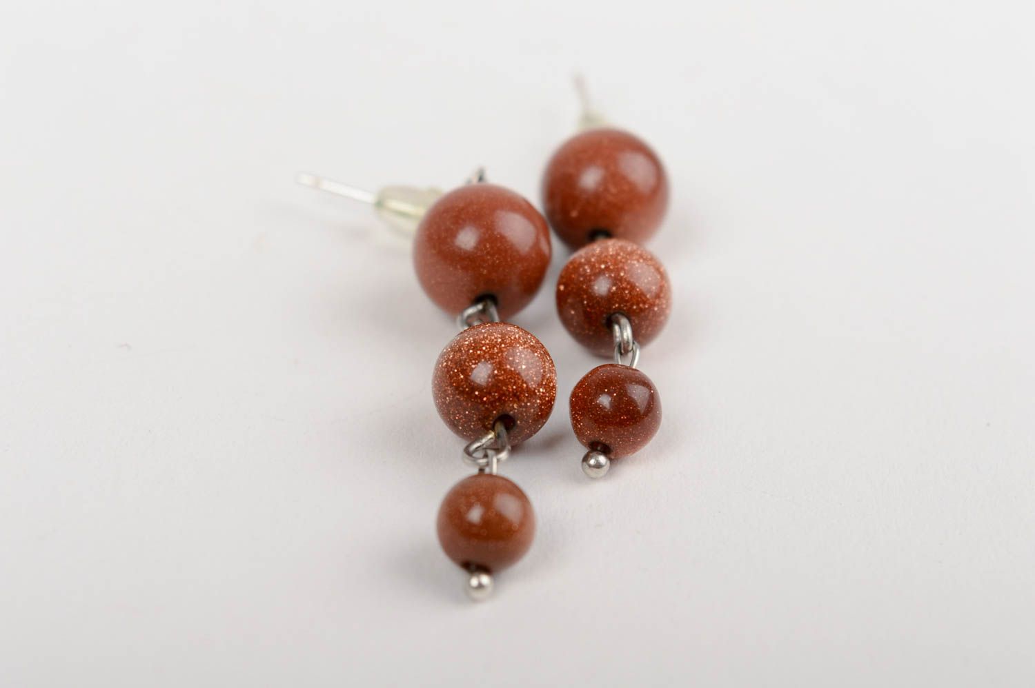 Handmade long dangle earrings with brown aventurine stone beads for ladies photo 5